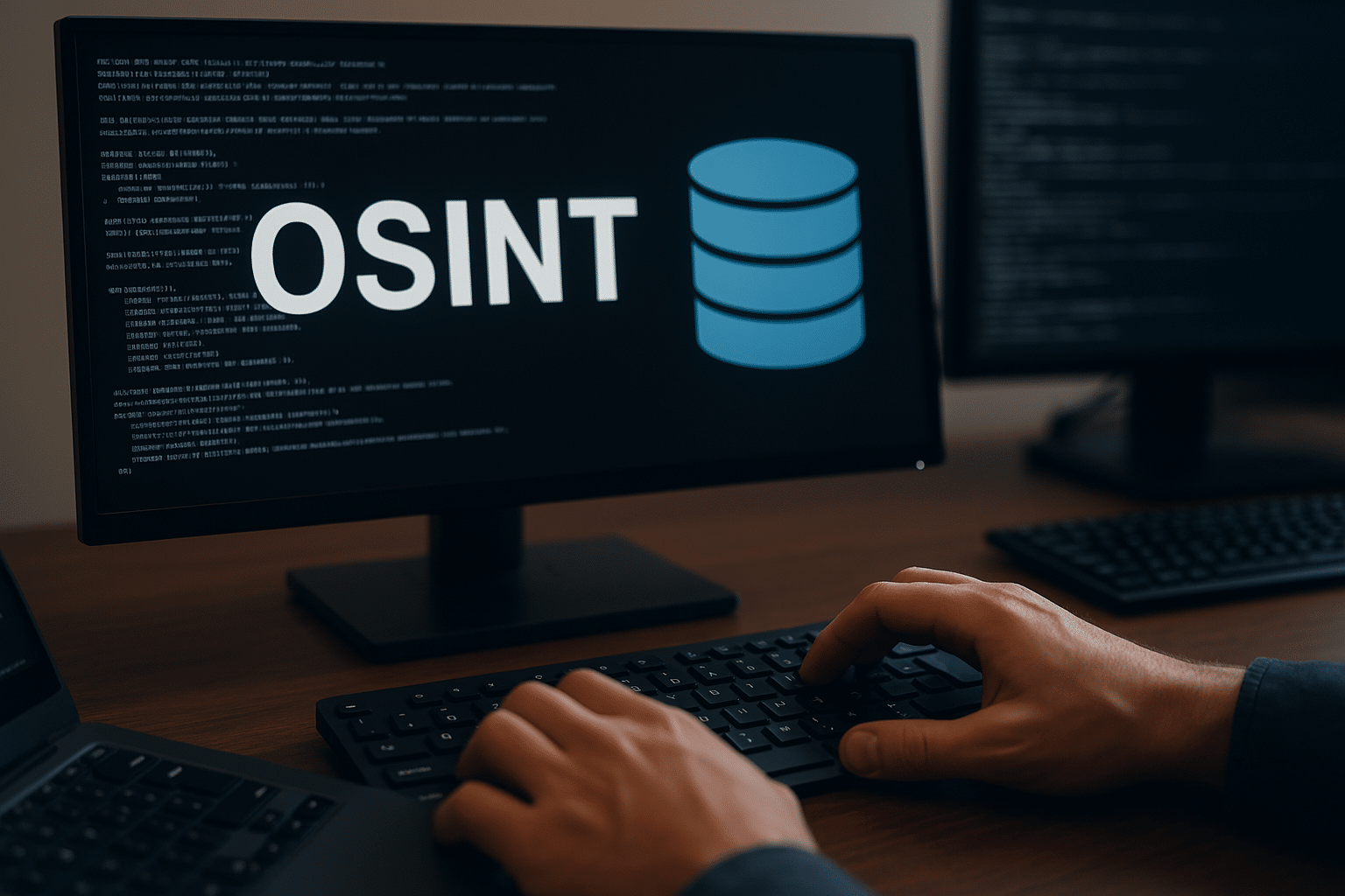 Photographie réaliste d’un analyste OSINT en train de manipuler des bases de données open source sur un poste informatique, illustrant le lien entre renseignement open source et cybersécurité.