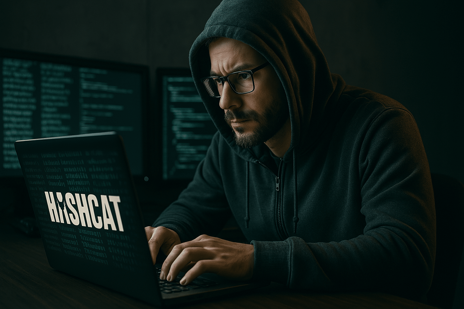 Hacker éthique certifié (CEH) travaillant sur un ordinateur dans une pièce sombre et interface Hashcat affichée à l’écran, symbolisant la cybersécurité offensive.