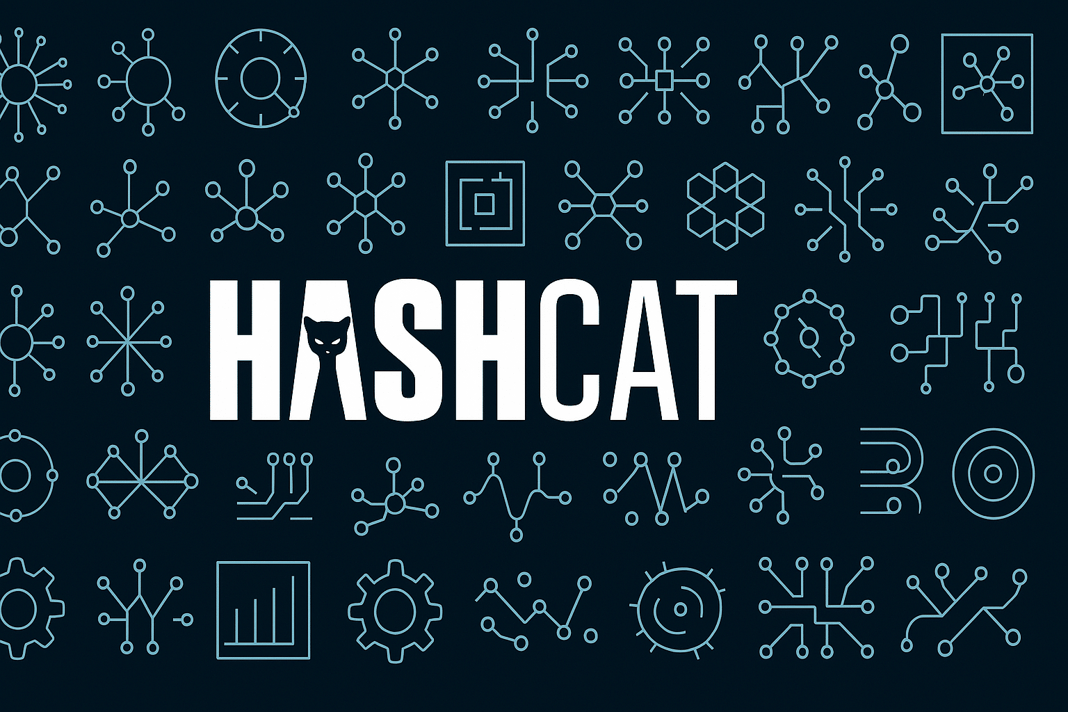 Logo Hashcat au centre d’un fond bleu nuit, entouré de représentations visuelles stylisées d’algorithmes cryptographiques, illustrant la compatibilité étendue de Hashcat avec de nombreux types de hash.