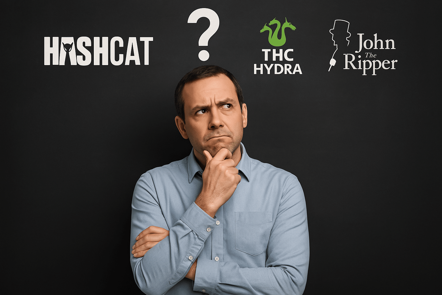 Expert en cybersécurité hésitant entre trois outils de craquage de mots de passe : Hashcat, THC Hydra et John the Ripper, représentés par leurs logos sur fond noir.