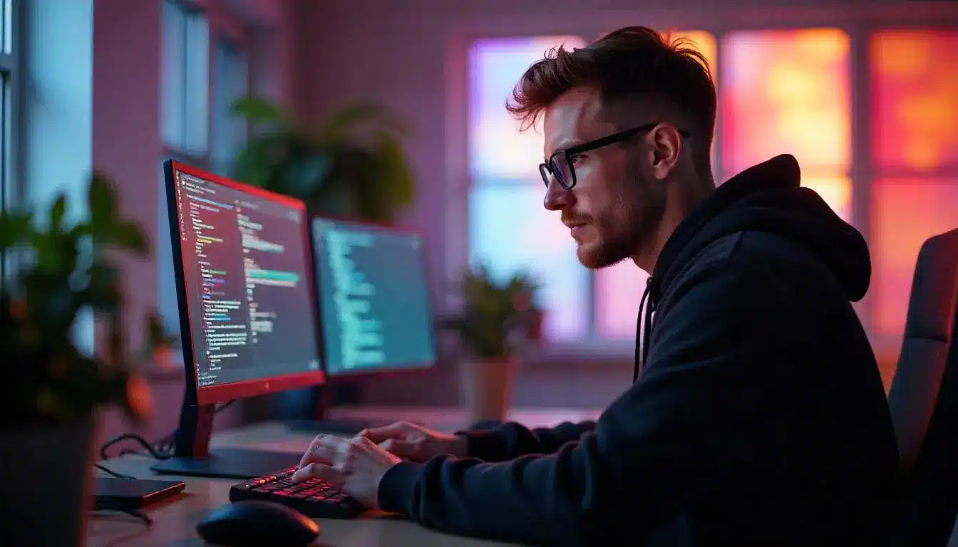 Homme en reconversion IA travaillant sur un projet de programmation, devant deux écrans dans un environnement moderne et lumineux.