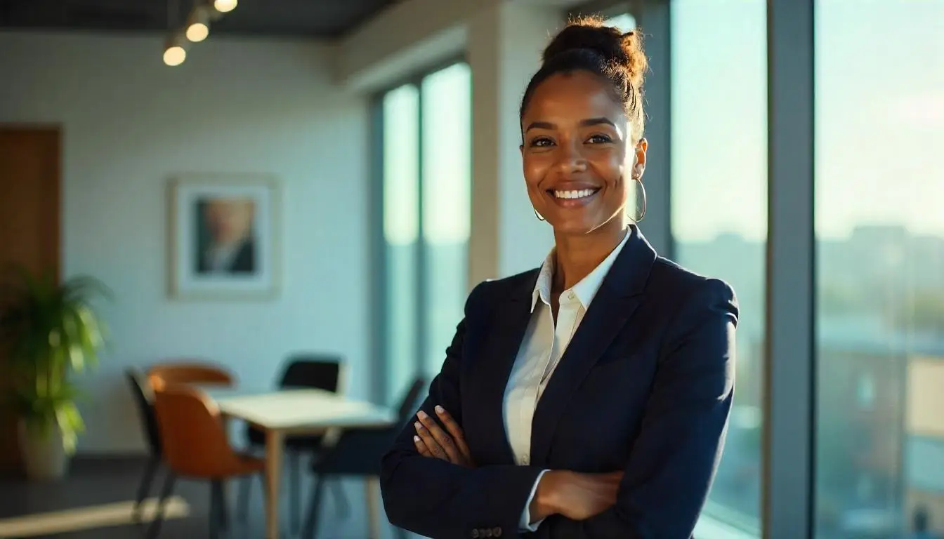 Professionnelle souriante en reconversion IA, posant dans un bureau moderne baigné de lumière naturelle.