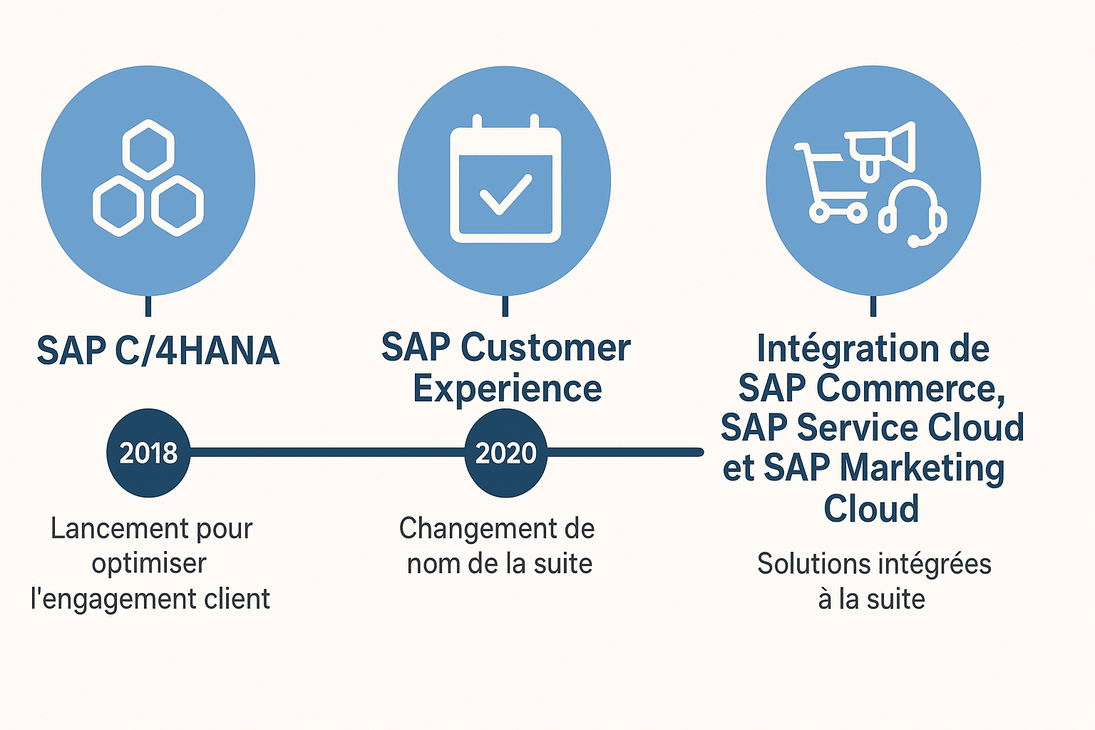 Frise chronologique illustrant l'évolution de SAP C/4HANA à SAP Customer Experience, incluant l'intégration de SAP Commerce, SAP Service Cloud et SAP Marketing Cloud de 2018 à 2020.