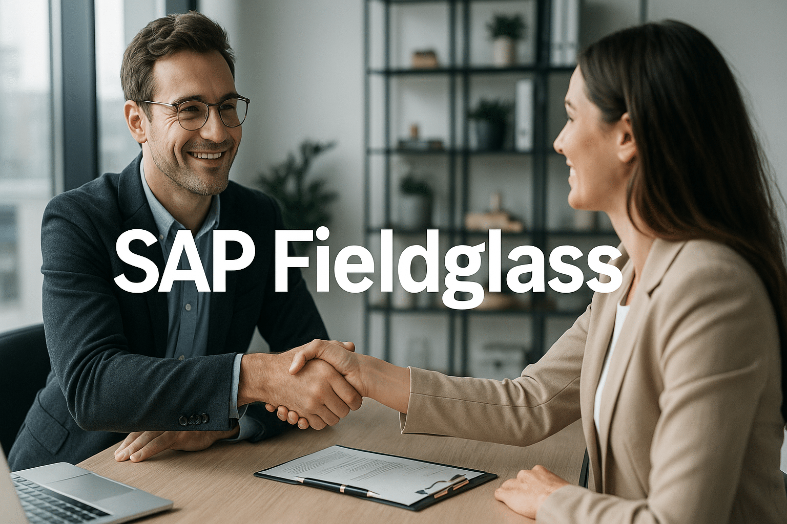 Consultant freelance et cliente se serrant la main dans un bureau moderne - SAP Fieldglass.
