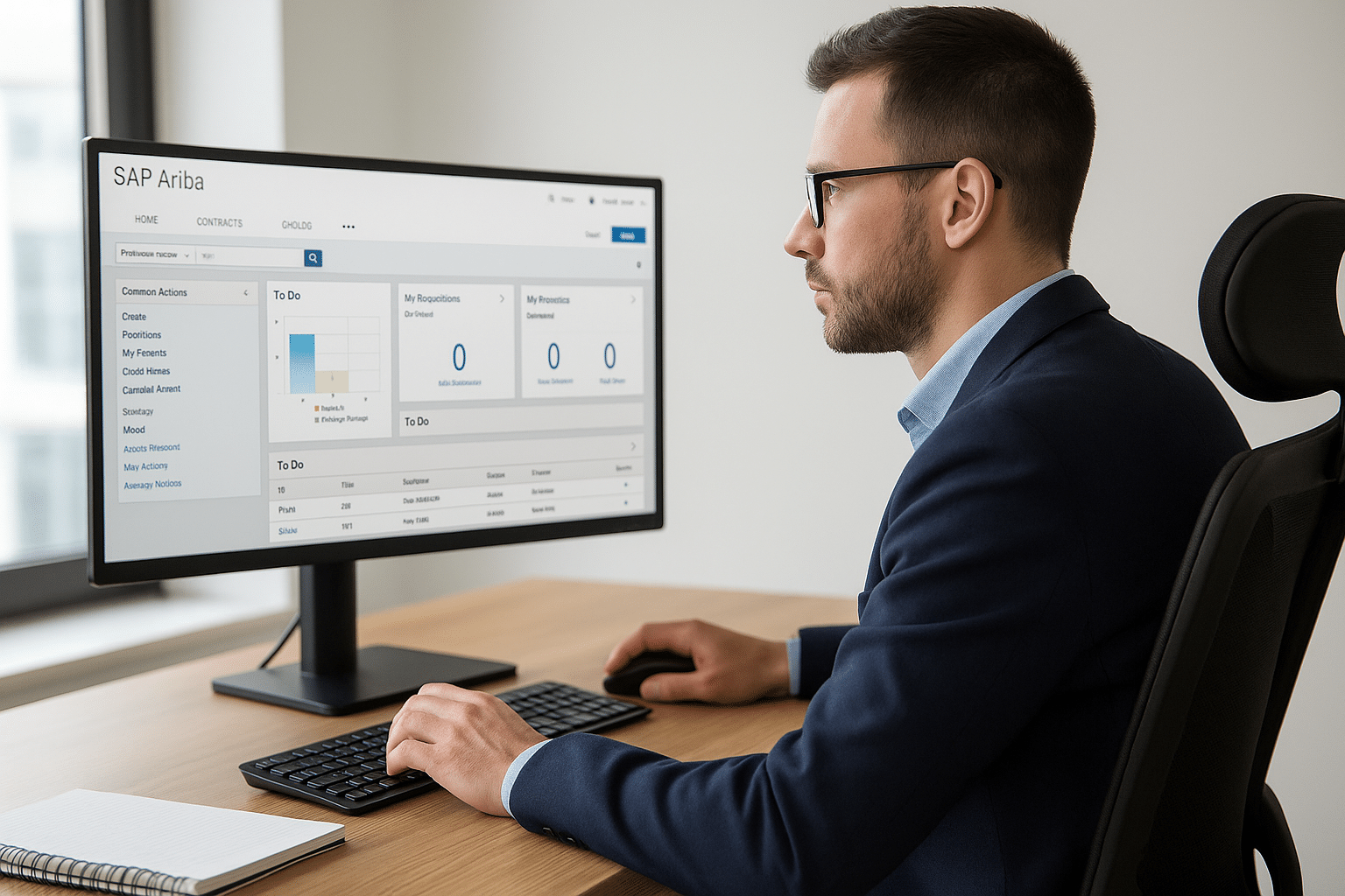 Spécialiste en achats digitaux utilisant SAP Ariba sur son ordinateur pour gérer les commandes, les réquisitions et les processus d'approvisionnement.
