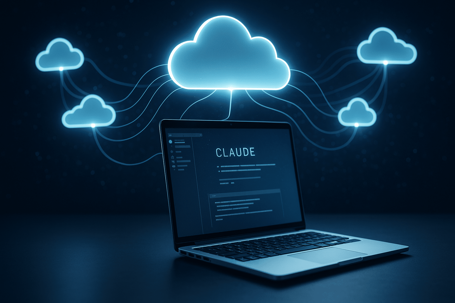 Représentation ultra réaliste d'un ordinateur connecté à des nuages de données, illustrant Claude Computer comme une entité IA reliant des systèmes externes pour exécuter des tâches informatiques.