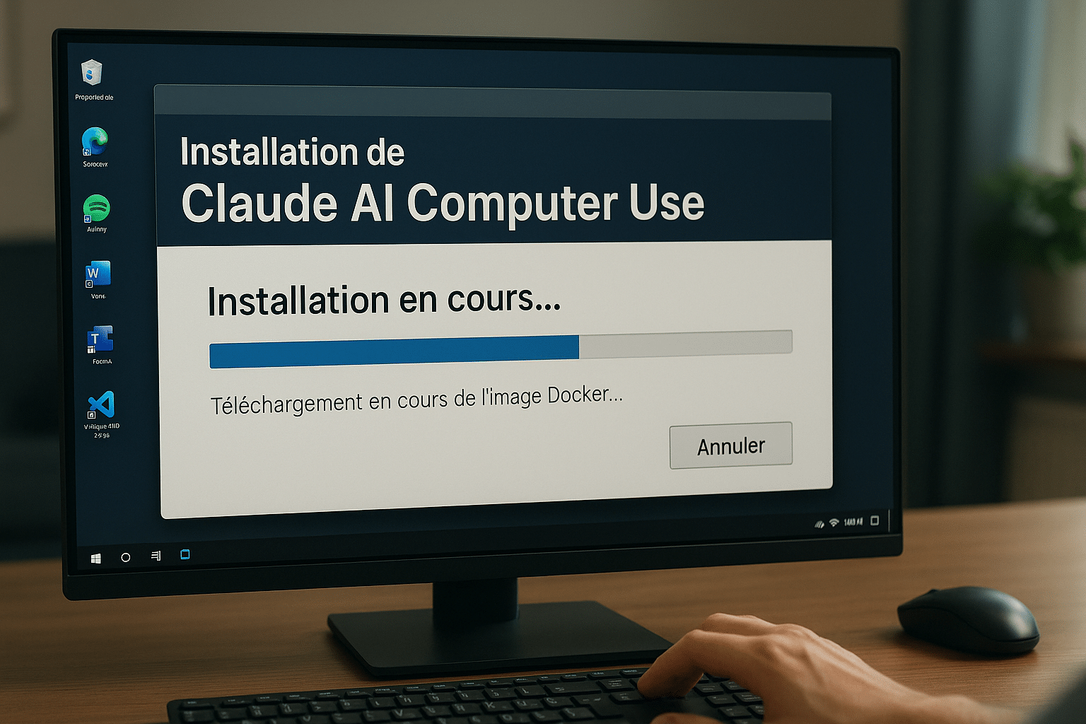 Illustration ultra réaliste d'un écran d'ordinateur montrant l'installation de Claude Computer, avec des éléments représentant l'intégration de l'IA et la configuration du système.