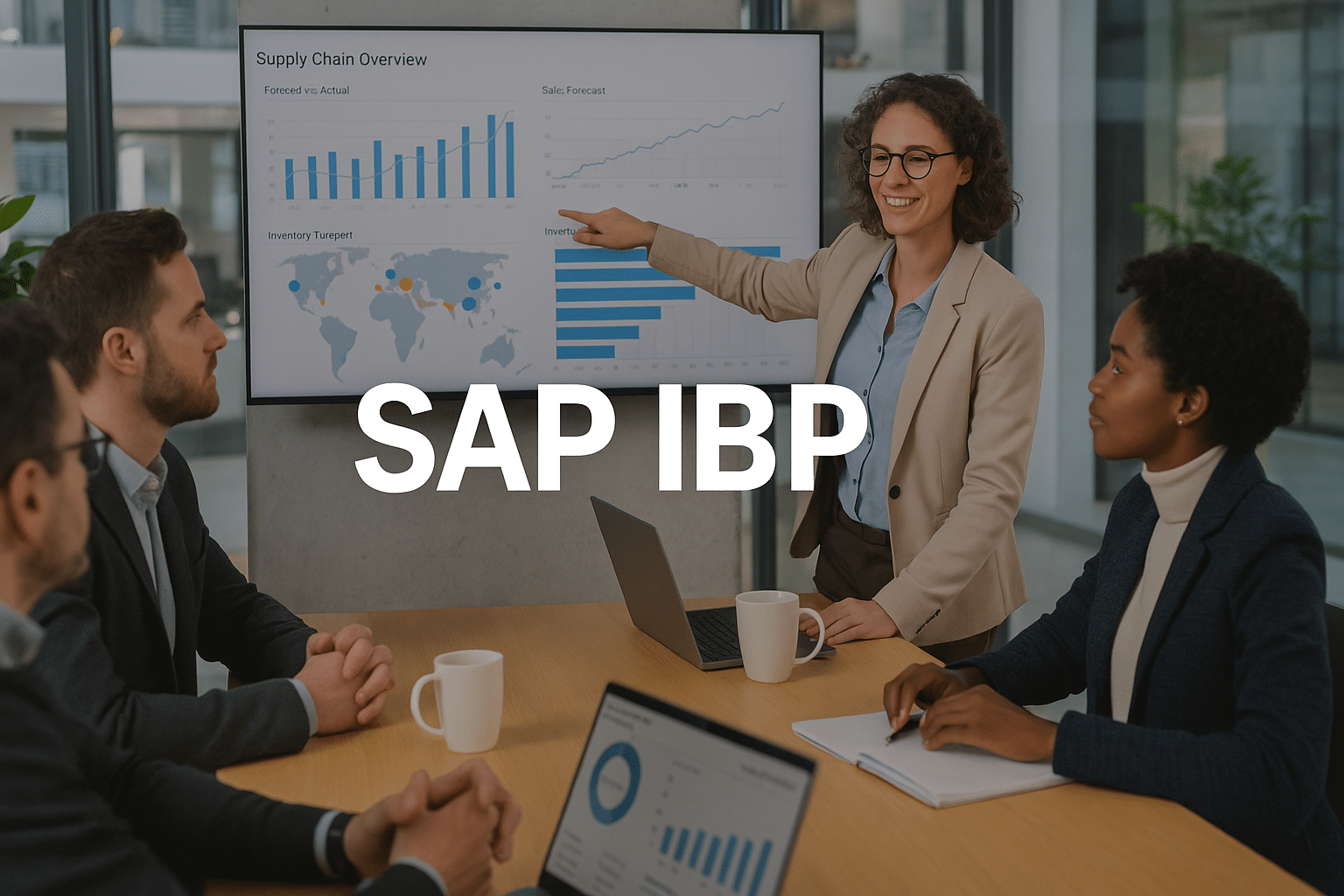 Réunion d’équipe dans une entreprise moderne utilisant SAP IBP pour analyser la supply chain, avec une présentation de graphiques de prévisions de ventes et d’inventaire à l’écran.