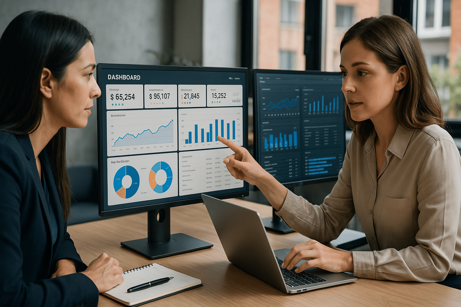 Image ultra-réaliste d'un bureau moderne avec un grand écran affichant un tableau de bord de pilotage de performance, comprenant des KPIs, des graphiques de performance et des tableaux de synthèse. Cette illustration montre un environnement professionnel où l'accent est mis sur l'analyse de données et la construction d'un tableau de bord efficace pour le suivi des performances.
