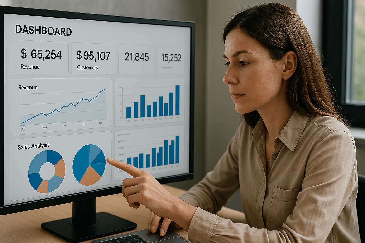 Deux analystes métier discutent de données sur un tableau de bord numérique dans un bureau moderne. L'écran affiche des graphiques, des diagrammes circulaires et des chiffres de performance clés, illustrant les tendances de revenus, de ventes et de clients. L'une des analystes pointe les indicateurs de performance tandis que l'autre écoute attentivement, un carnet de notes ouvert devant elle. Une grande fenêtre laisse entrer une lumière naturelle, éclairant la scène et mettant en valeur l'atmosphère professionnelle.