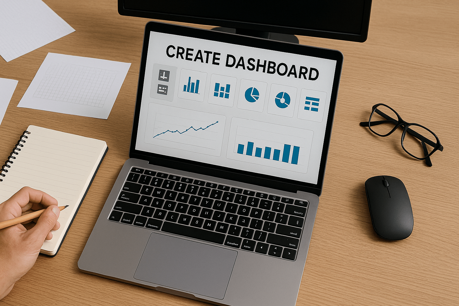 Un poste de travail moderne avec un ordinateur portable affichant une interface de création de tableau de bord. L'écran montre divers éléments visuels tels que des graphiques à barres, des graphiques circulaires et des indicateurs de performance clés. Autour de l'ordinateur, on trouve un carnet de notes, un crayon, une paire de lunettes et une souris sans fil, disposés de manière ordonnée sur un bureau en bois clair.