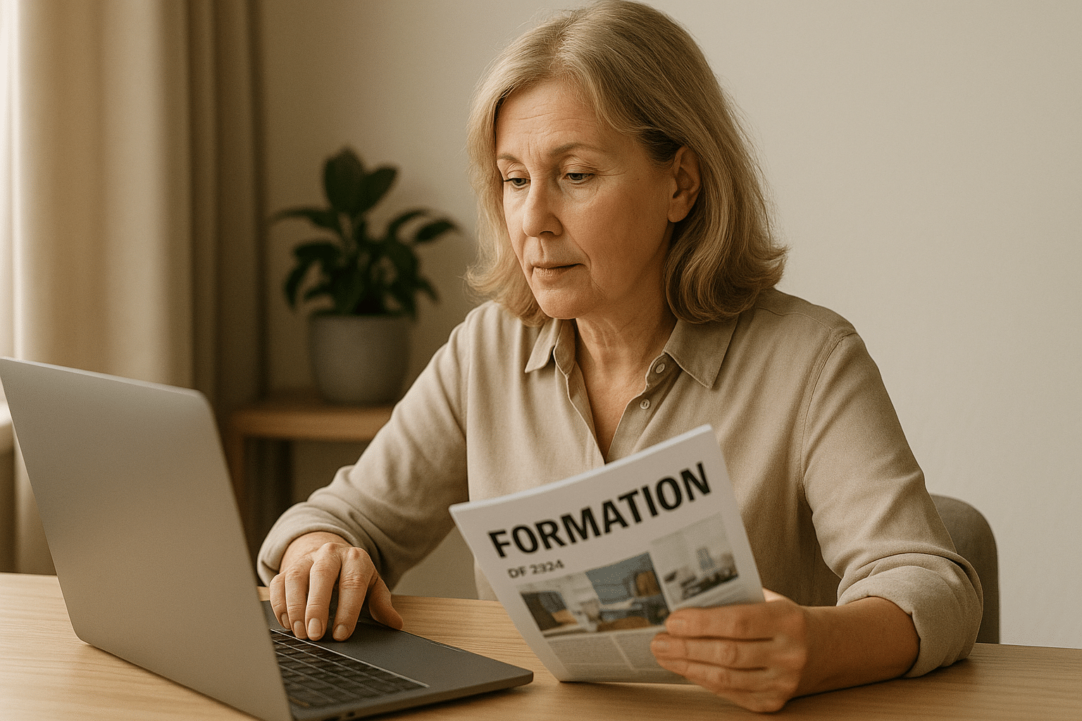 Une femme de 60 ans, concentrée, consulte des catalogues de formation sur son ordinateur portable, symbolisant la volonté de se former et de changer de vie à 60 ans.