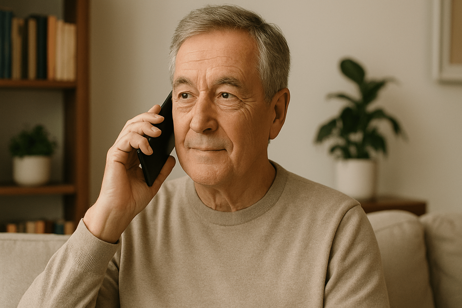 Un homme senior assis dans son salon, téléphonant avec une expression sereine, symbolisant la communication et le lien social à tout âge.