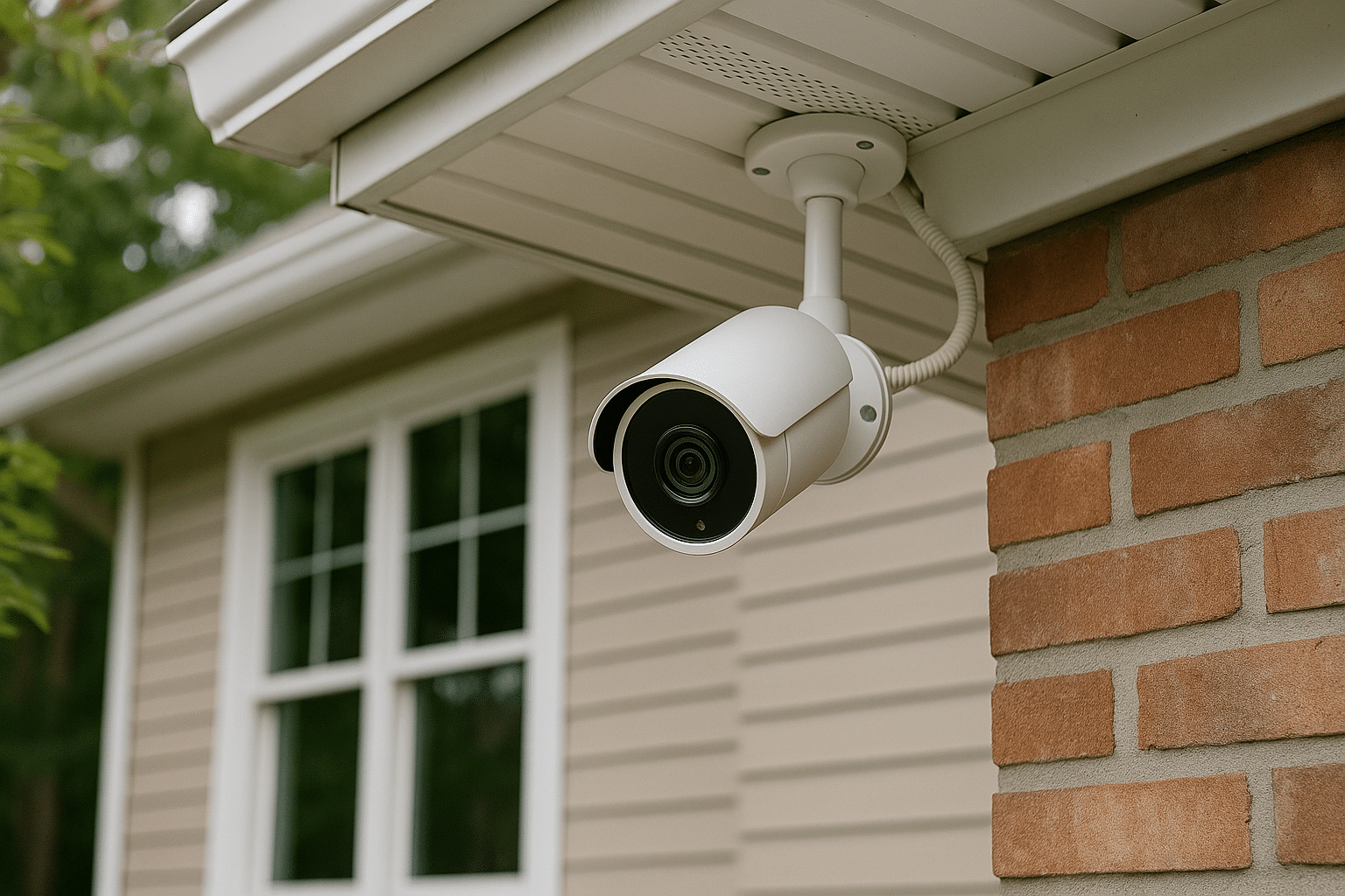 Caméra de surveillance d’une maison moderne, illustrant les dispositifs de sécurité face au Top 10 des cybermenaces en 2025.