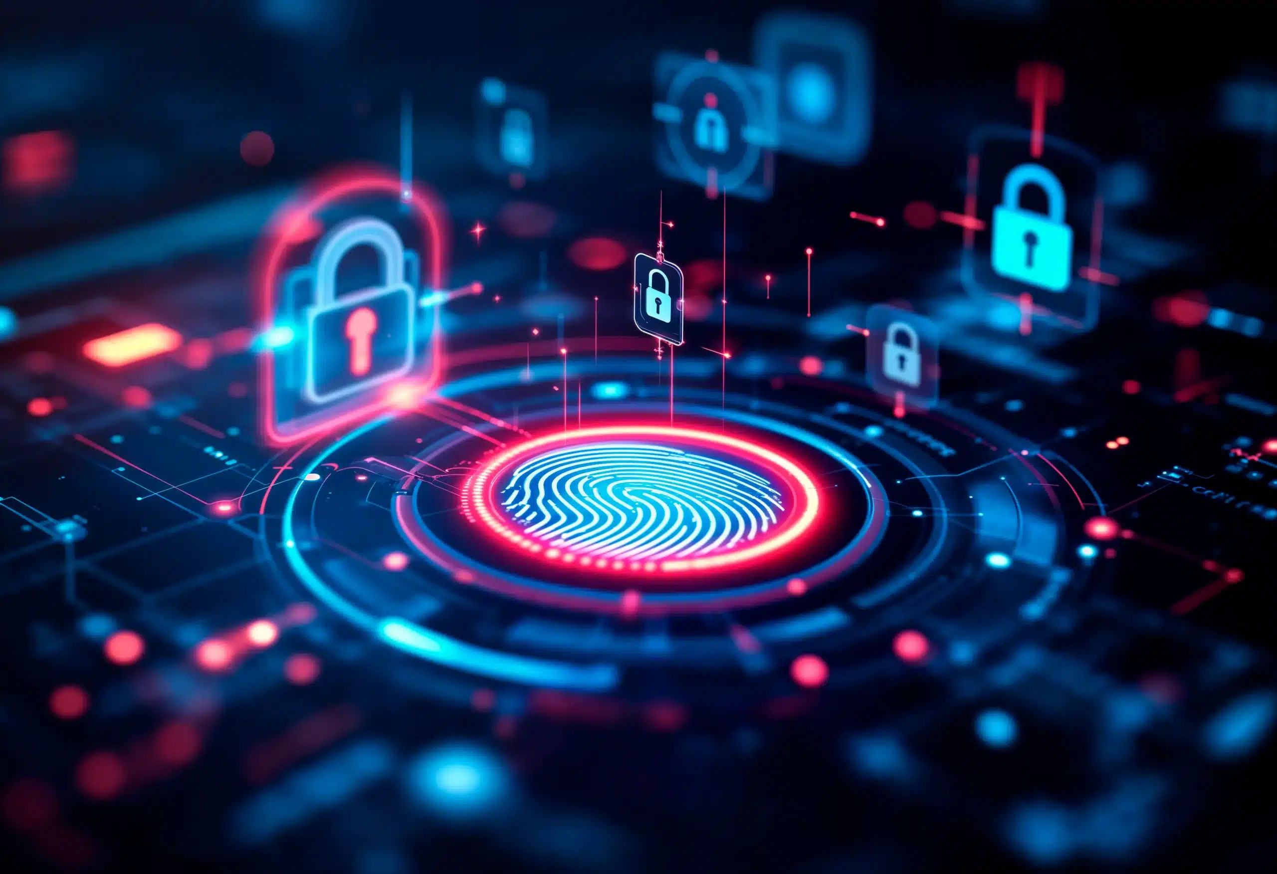 Illustration futuriste représentant la cybersécurité avec une empreinte digitale numérique et des icônes de cadenas, concept visuel lié à la certification CompTIA Security+