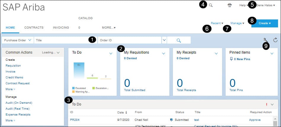 Tableau de bord SAP Ariba affichant les actions courantes, les commandes en attente, les réquisitions, les reçus et les éléments épinglés dans l’interface utilisateur.
