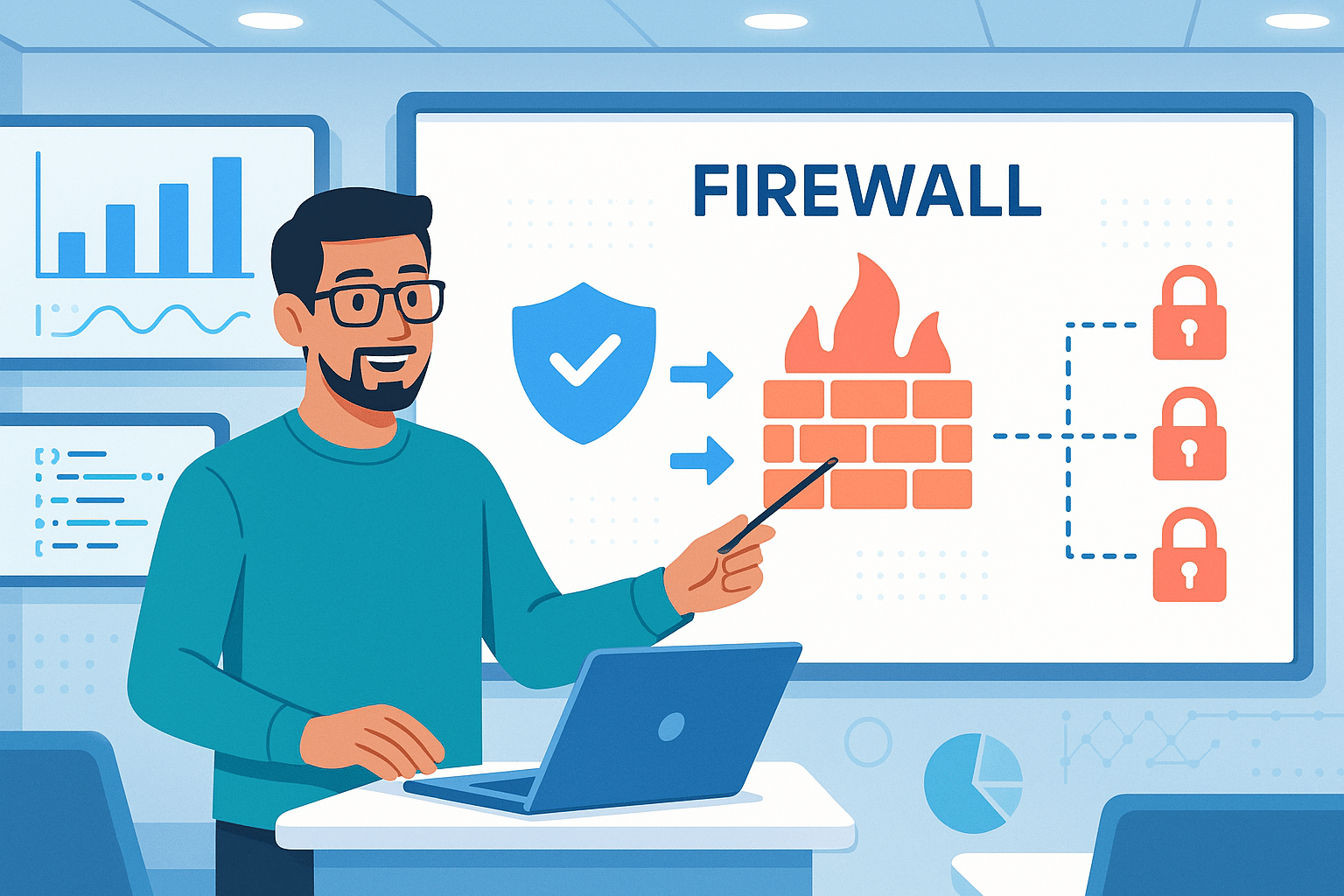 Formateur expliquant le fonctionnement d’un pare-feu pendant un cours cybersécurité dédié à la protection réseau.