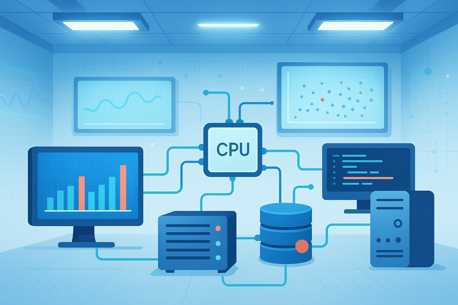 Schéma illustrant les composants interconnectés d’un système informatique autour d’un CPU, élément central de l’architecture matérielle.