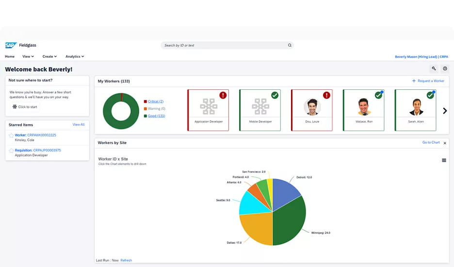 Interface SAP Fieldglass avec tableau de bord analytique des travailleurs externes.