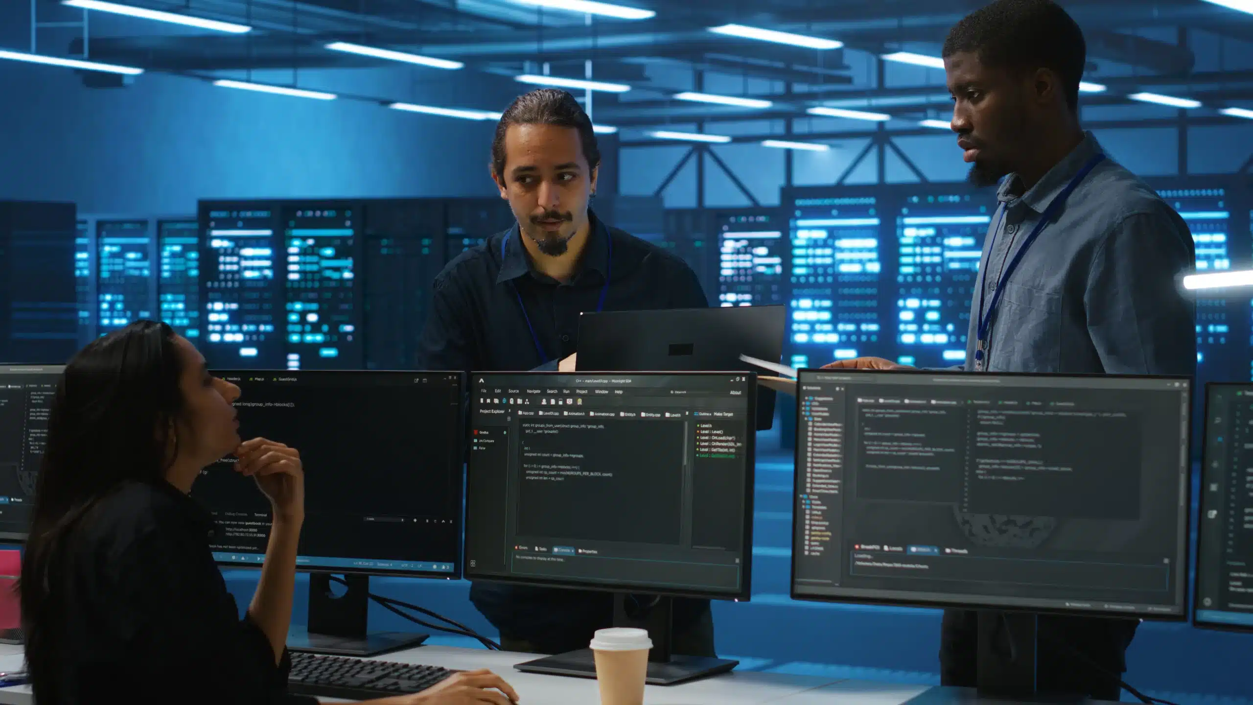 Des professionnels de la cybersécurité analysent du code et collaborent dans un centre de données, illustrant des compétences essentielles préparées par la certification CompTIA Security+.