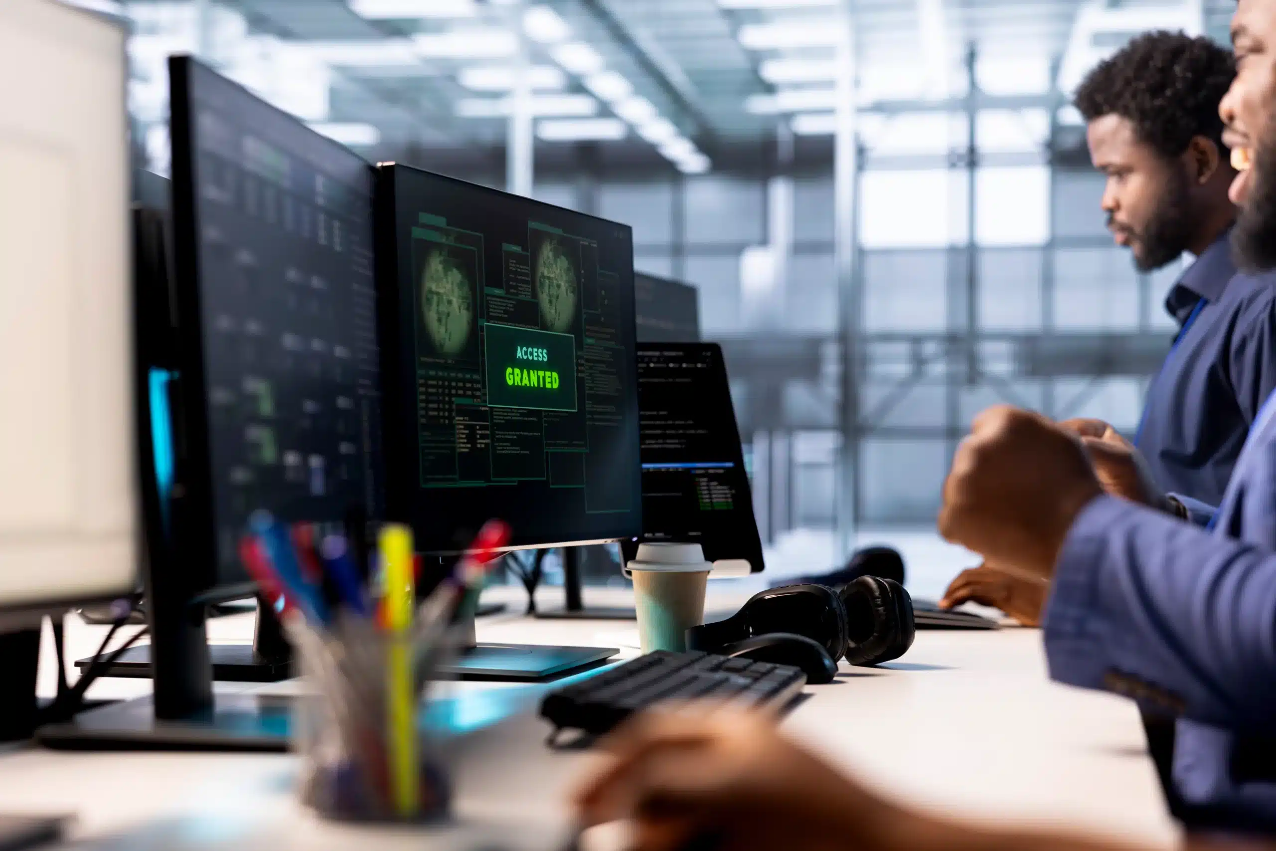 Des analystes cybersécurité valident un accès réseau sécurisé sur écran dans un centre opérationnel, illustrant des compétences clés couvertes par la certification CompTIA Security+.