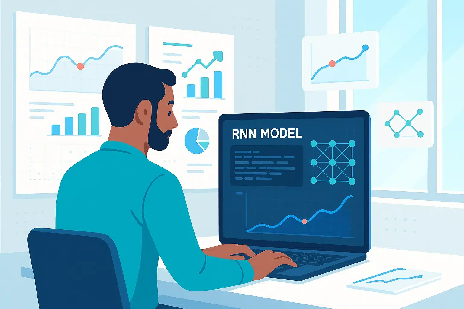 Mathématicien analysant un modèle RNN avec des graphiques sur les techniques de Gated Recurrent Unit (GRU).