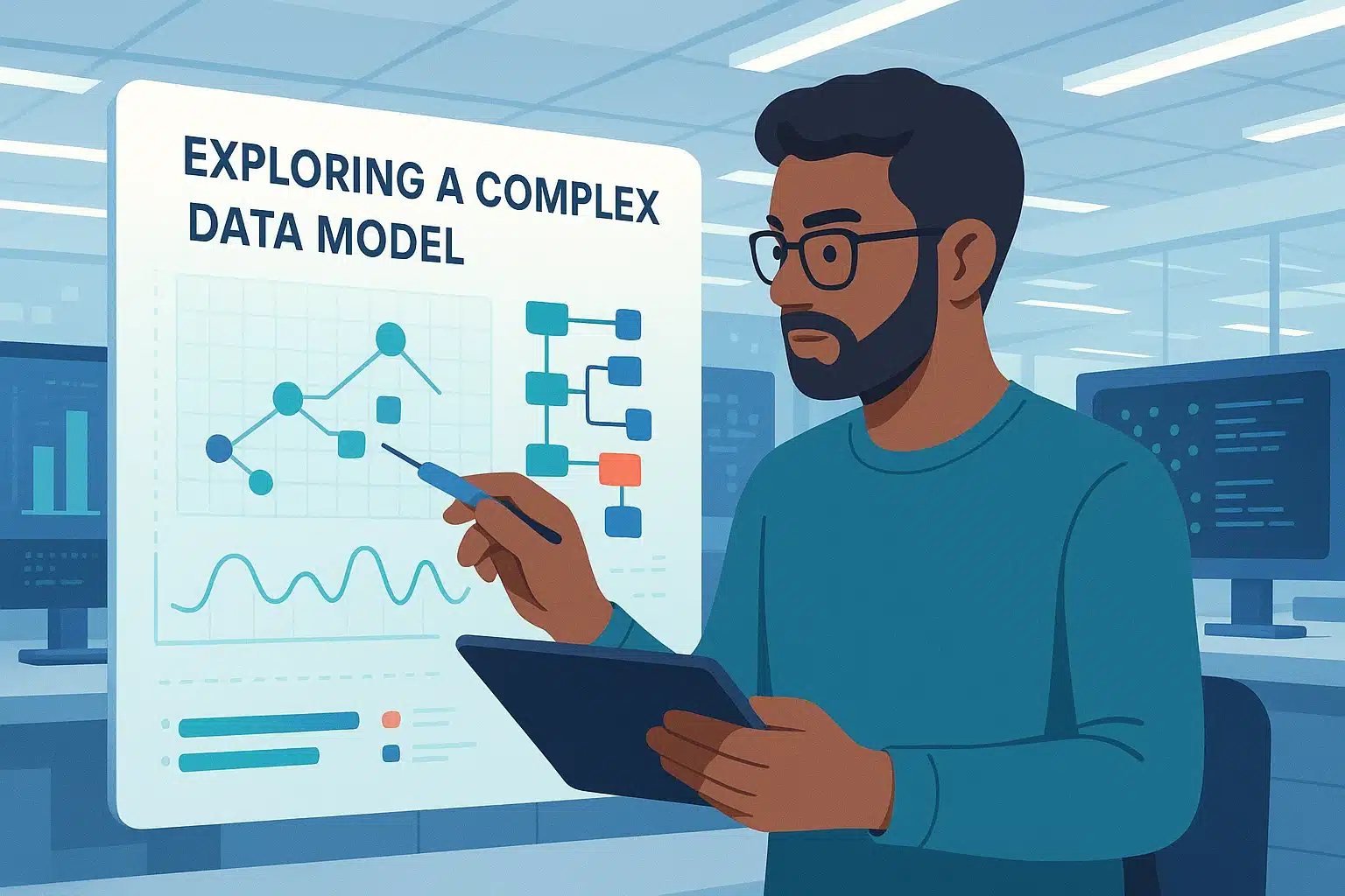 Personne analysant des données temporelles avec une représentation de réseau de neurones GRU sur un écran d'ordinateur.