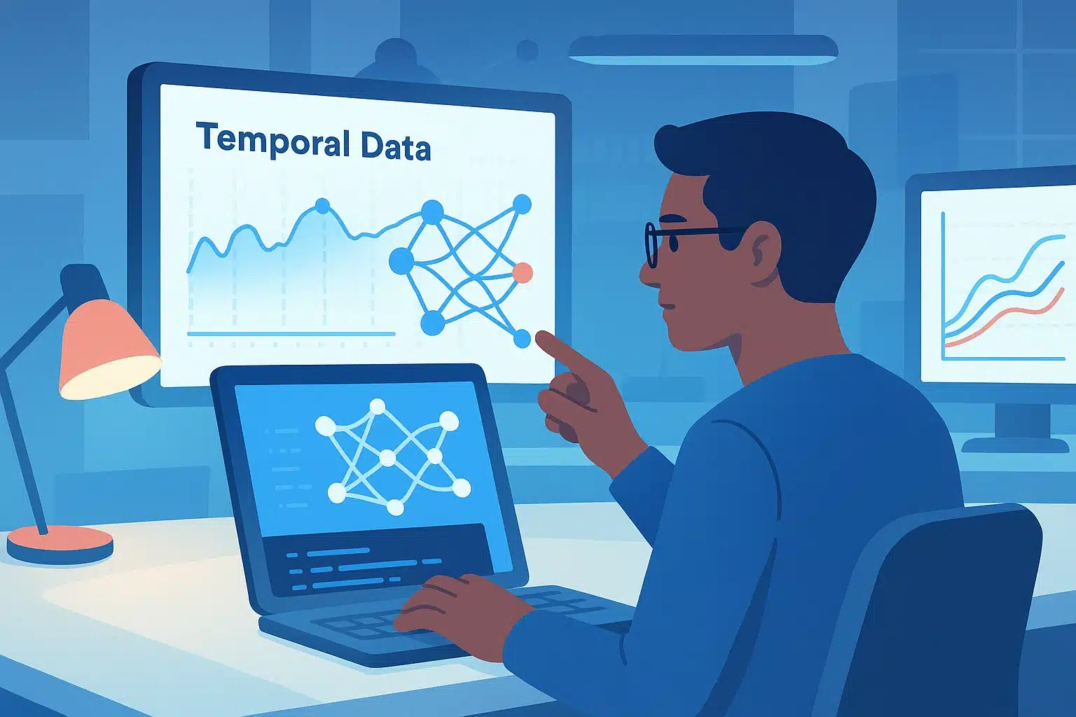 Personne analysant un modèle de données complexe avec des graphiques, illustrant l'utilisation des unités récurrentes avec porte (GRU) dans l'apprentissage automatique.