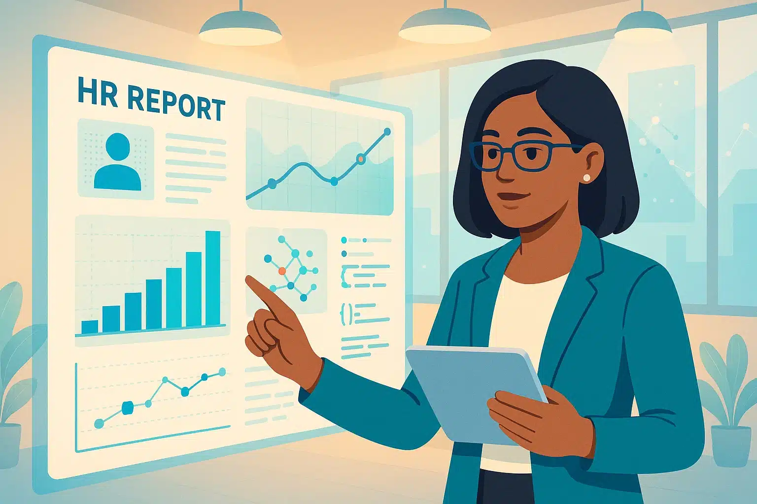 Femme dans un bureau présentant un rapport HR avec des graphiques et des données, illustrant l'utilisation de SAP HCM.