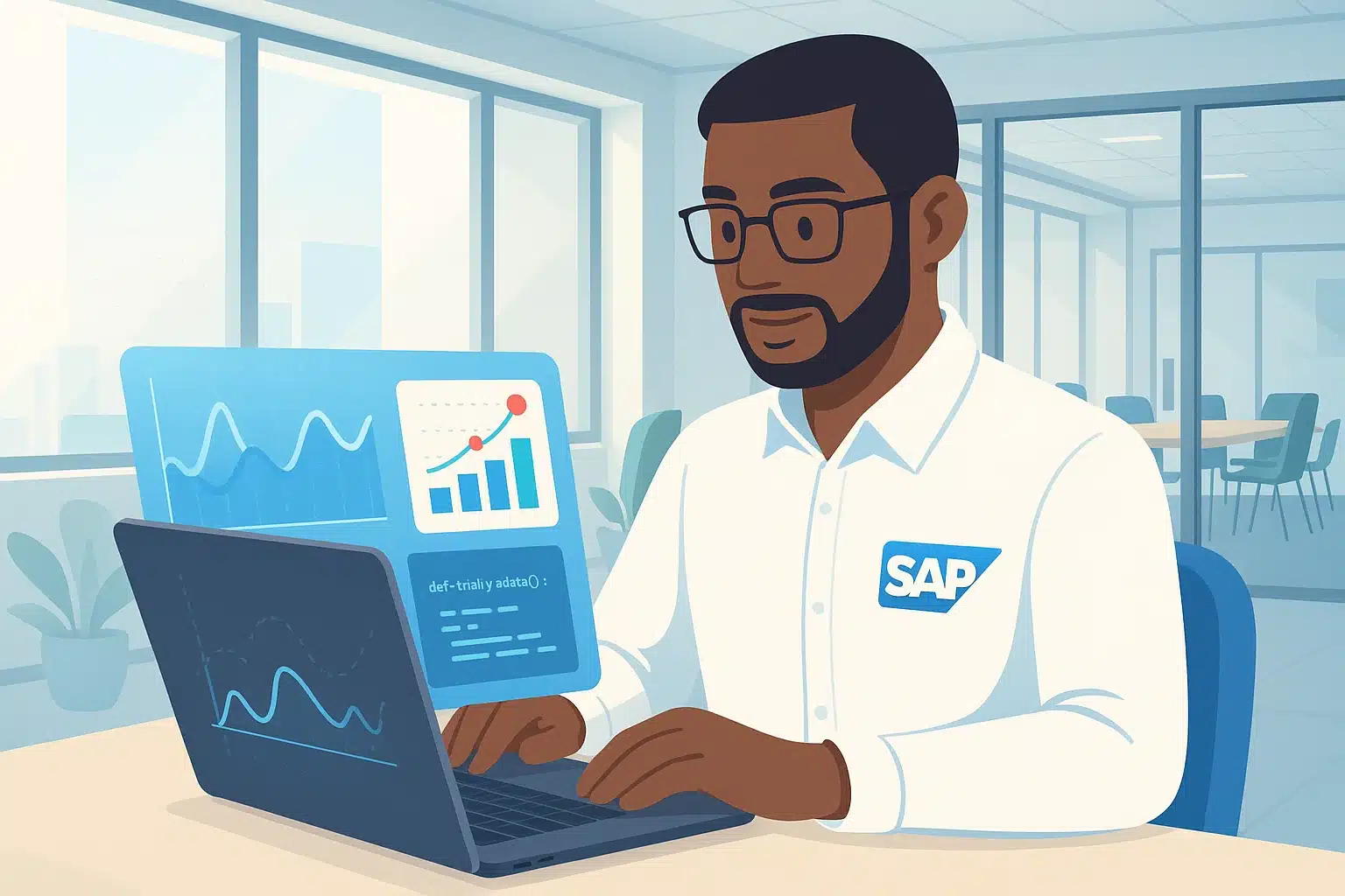 Analyste de données utilisant SAP HCM, avec des graphiques affichés sur un écran, en train de travailler sur un ordinateur portable.