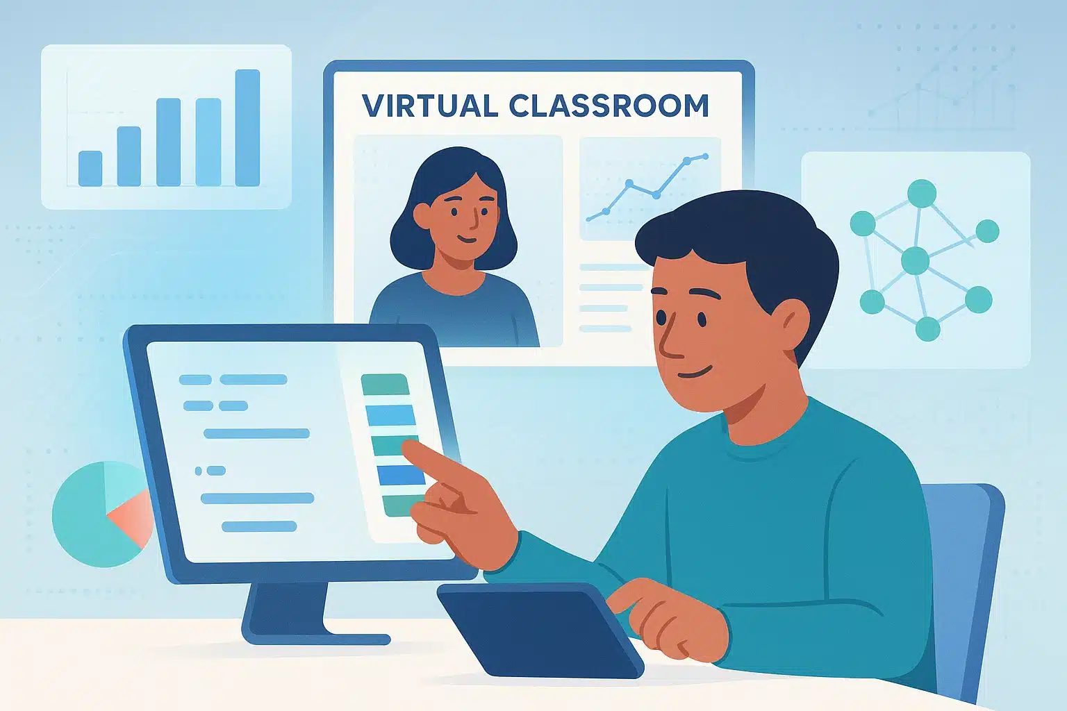 Personne interagissant avec un écran affichant un programme de formation SAP et des graphiques de données.