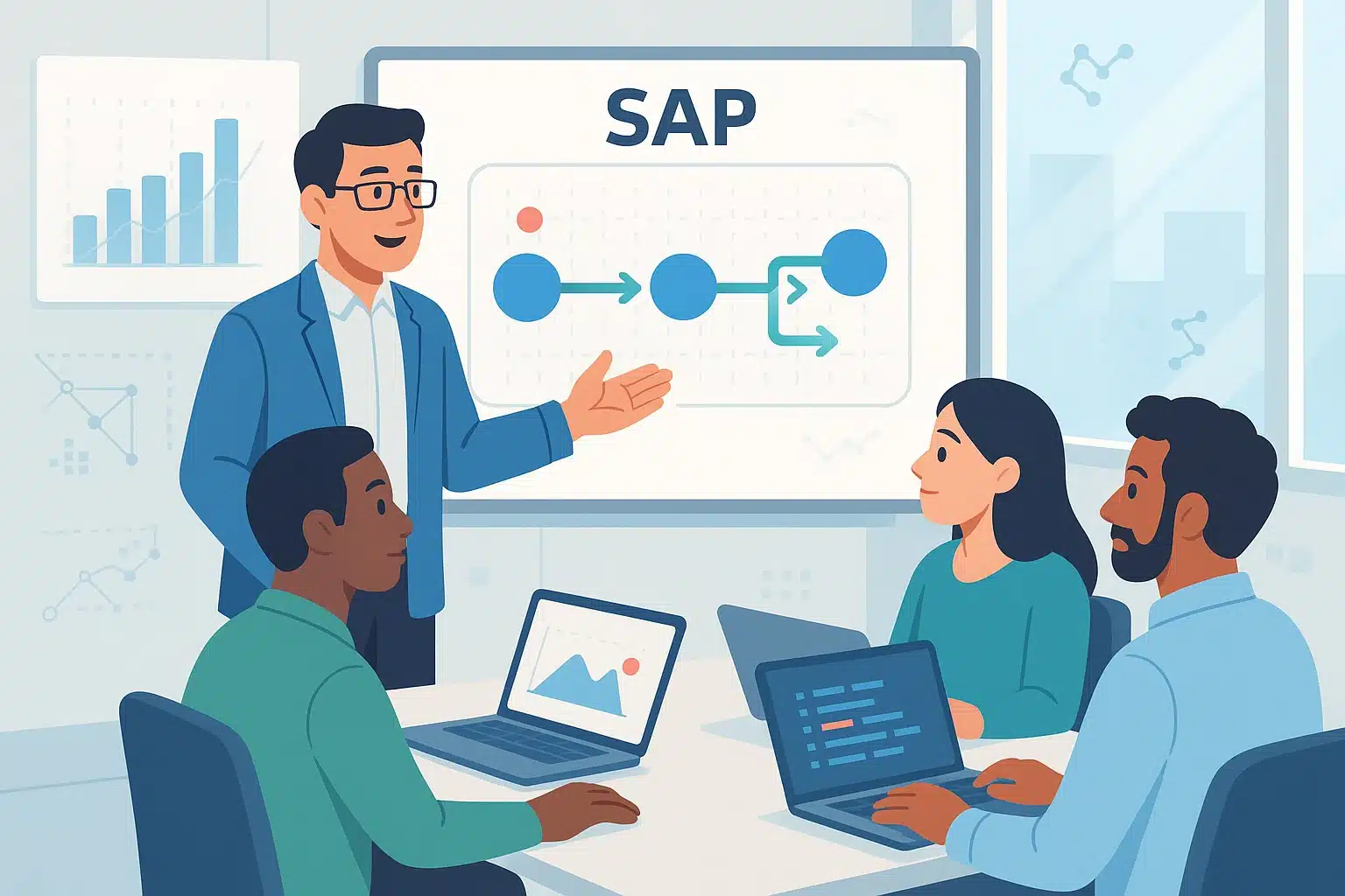 Membre d'une équipe présentant des concepts liés à SAP SD lors d'une réunion, avec graphiques et analyses sur un écran.