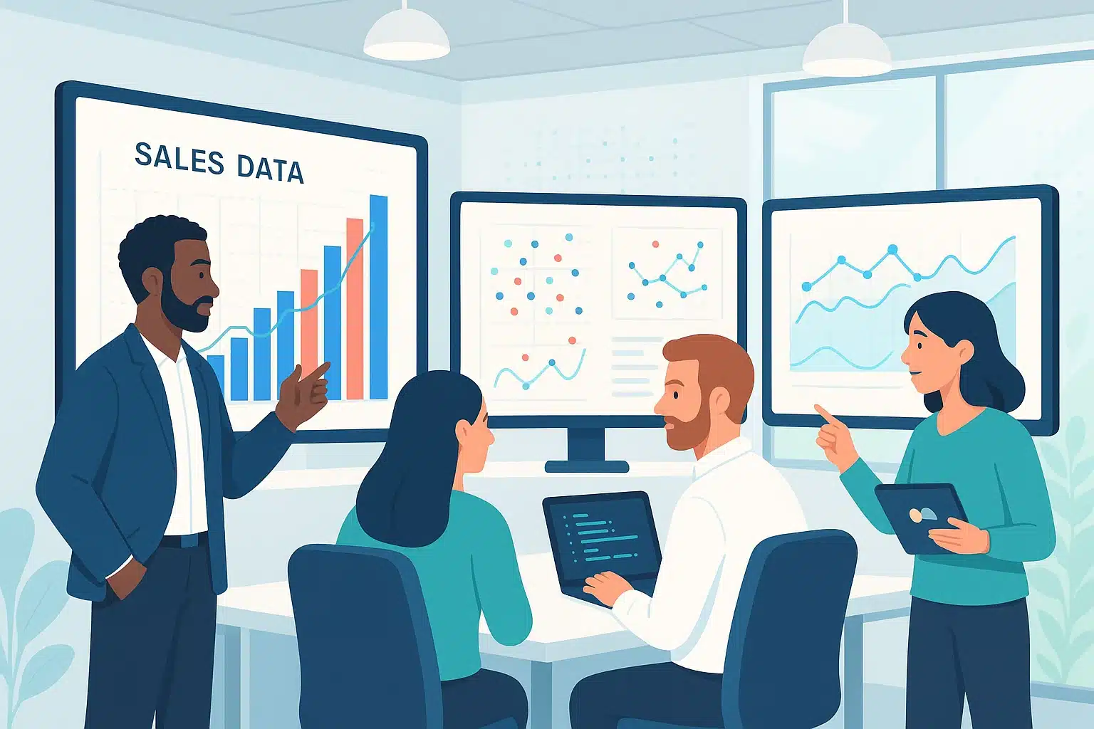 Réunion d'équipe discutant des données de ventes avec des graphiques, illustrant le module SAP SD.