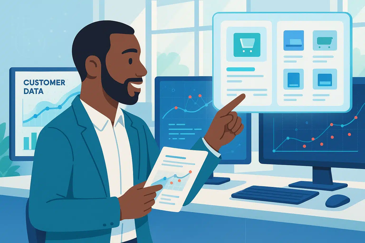 Un professionnel examinant des données clients sur des écrans tout en tenant un rapport, mettant en avant l'utilisation de SAP SD pour l'analyse des ventes.