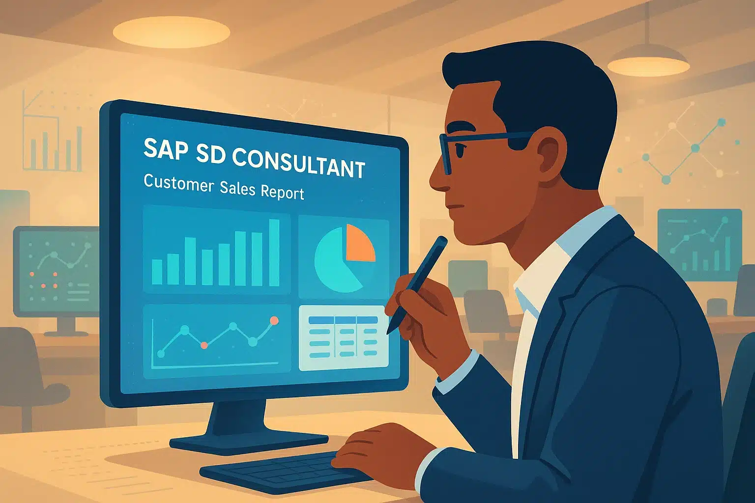 Consultant SAP SD analysant un rapport de ventes clients sur un ordinateur, avec des graphiques et des données en arrière-plan.