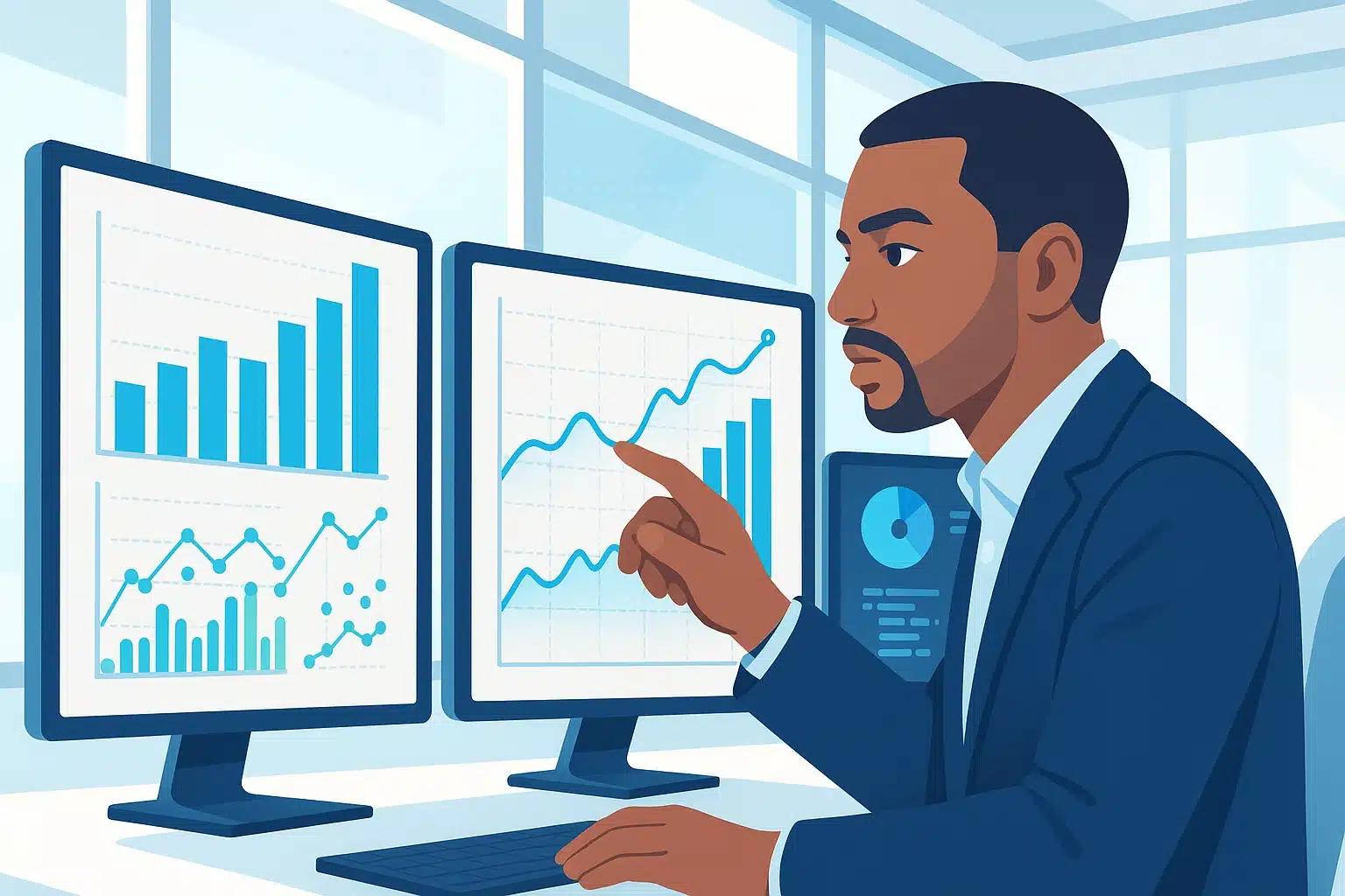 Analyste examinant des graphiques sur deux écrans pour la modélisation stochastique.