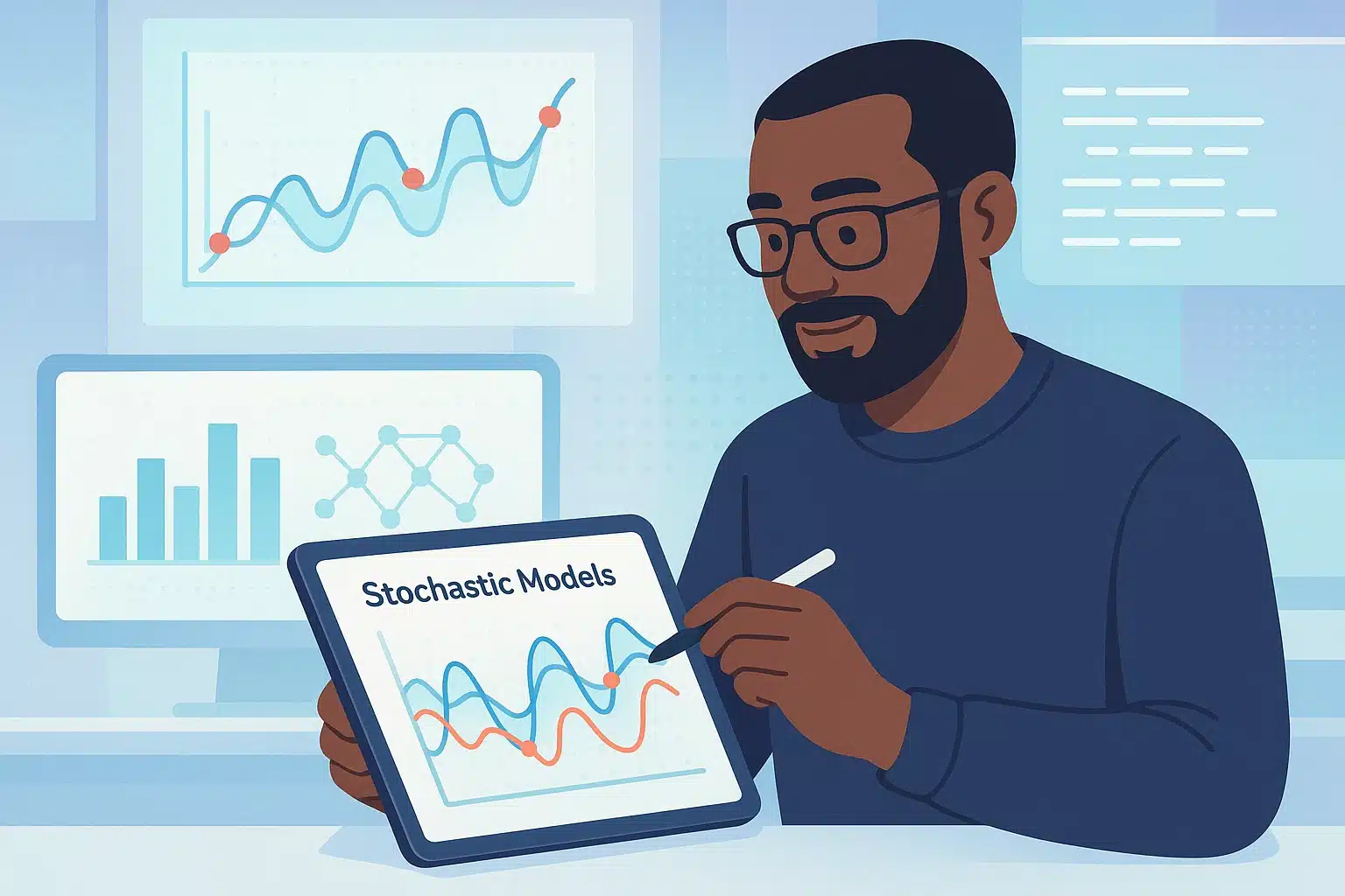 Personne utilisant une tablette pour illustrer des modèles stochastiques avec des graphiques de données.