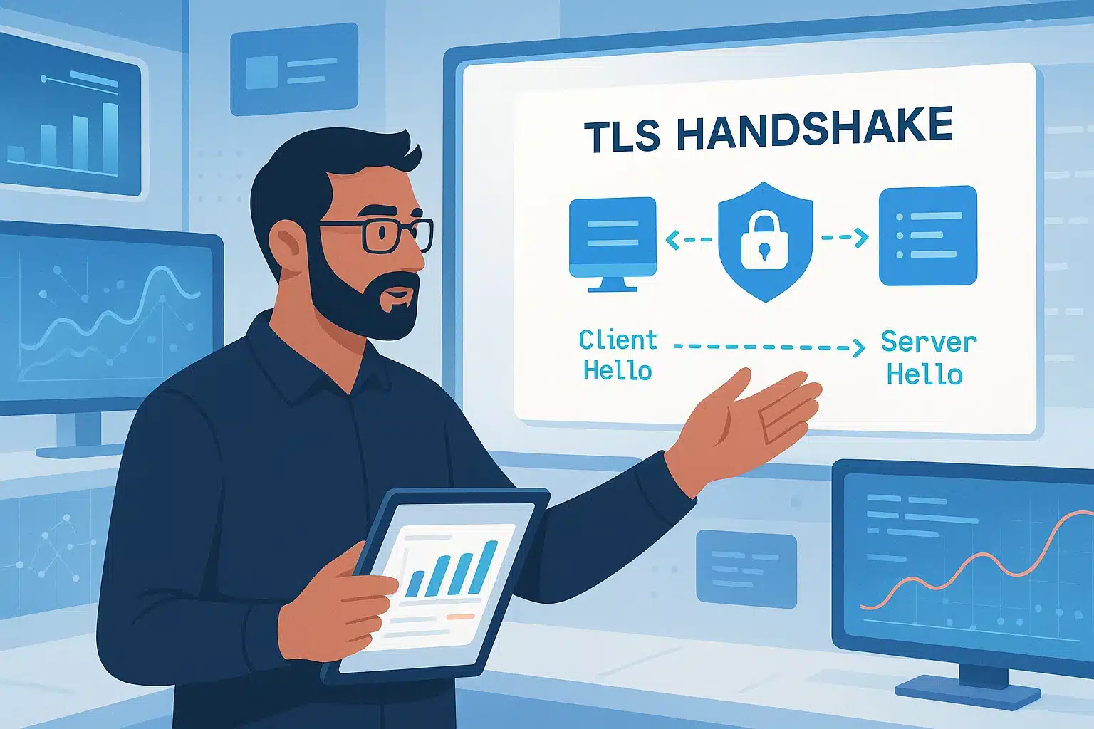Illustration expliquant le processus de handshake TLS, avec un homme présentant un graphique et des écrans affichant des données sur la sécurité des communications.