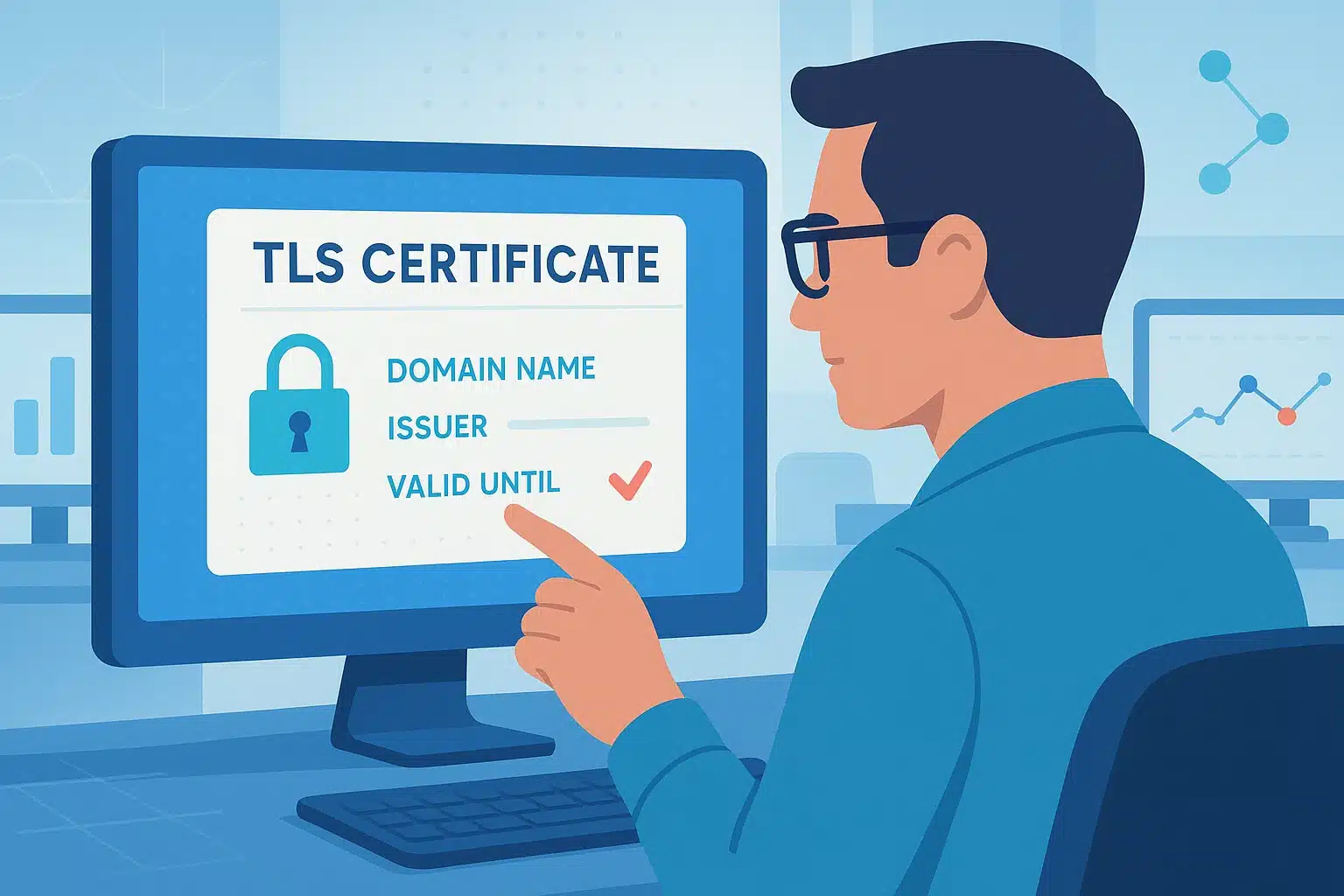 Personne examinant un certificat TLS sur un écran d'ordinateur, affichant le nom de domaine, l'émetteur et la date de validité.