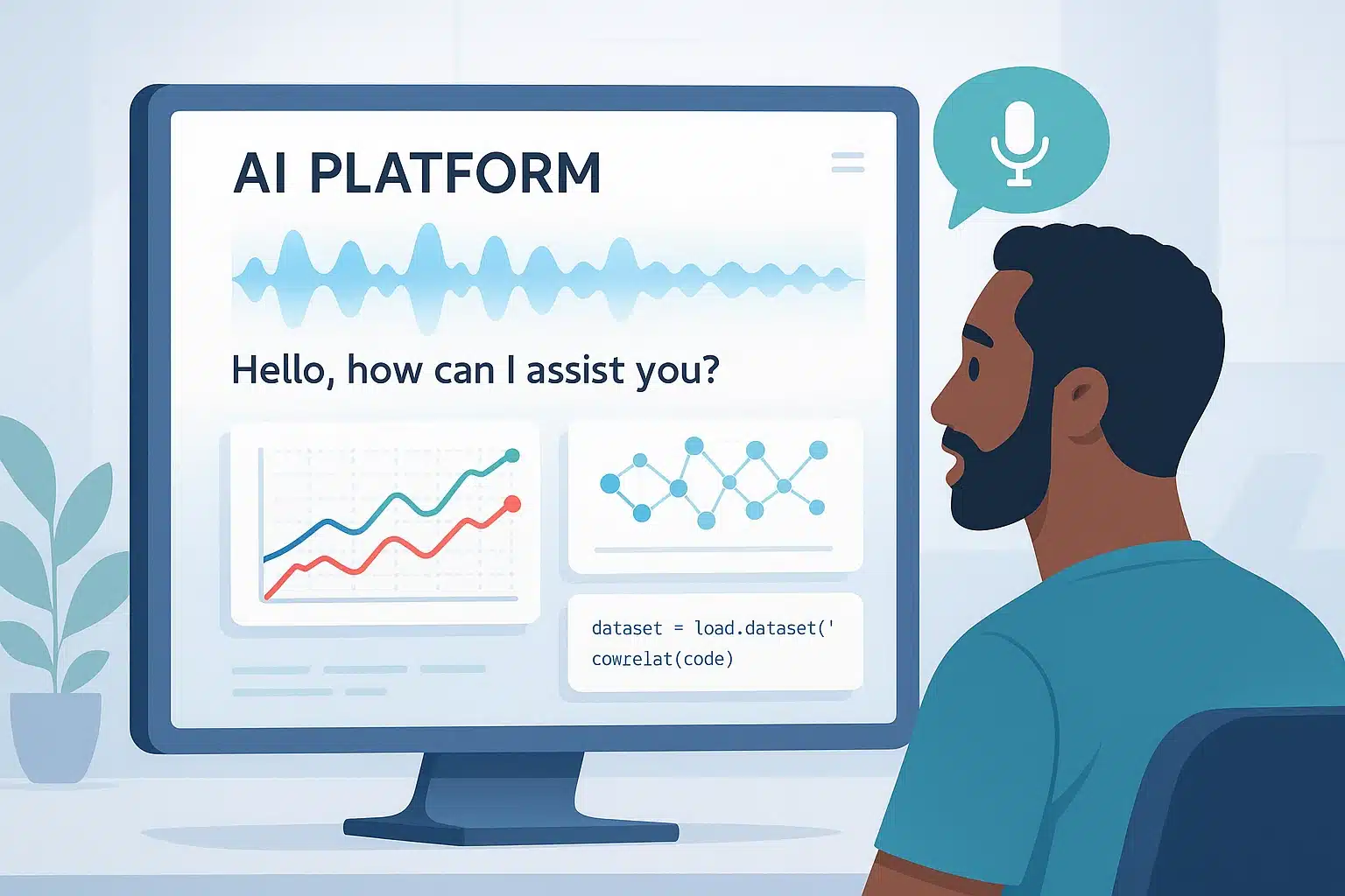 Personne utilisant une interface de la plateforme Bolt AI avec des graphiques de données et une assistance vocale.