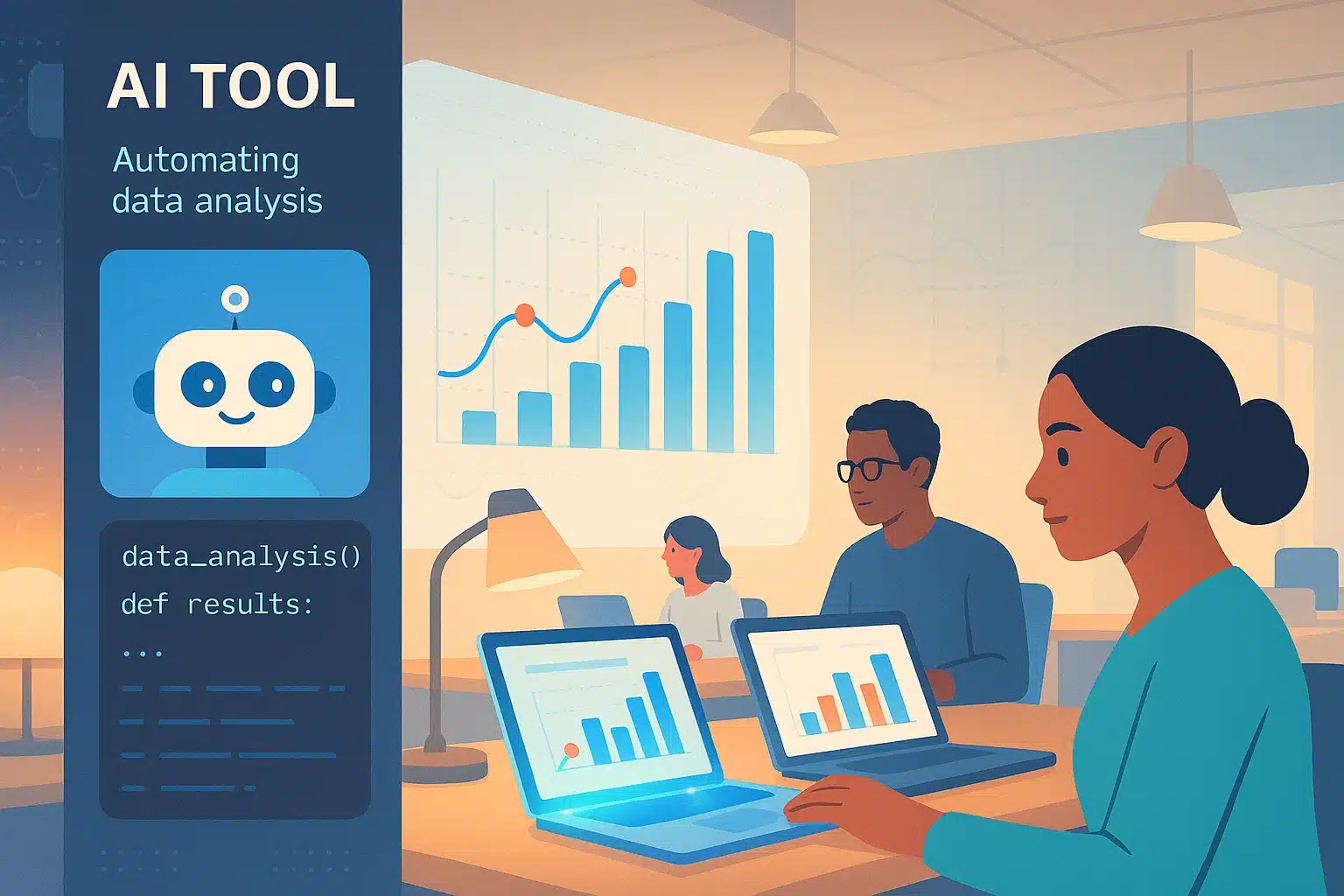 Personnes utilisant un outil AI de Bolt pour automatiser l'analyse des données avec des graphiques sur des ordinateurs portables.