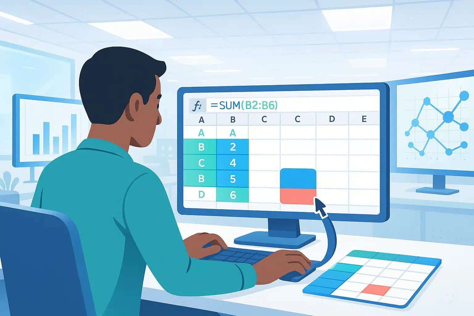 Personne utilisant un tableur pour analyser des données, avec une formule de somme affichée à l'écran pour illustrer l'analyse des données avec Bolt AI.