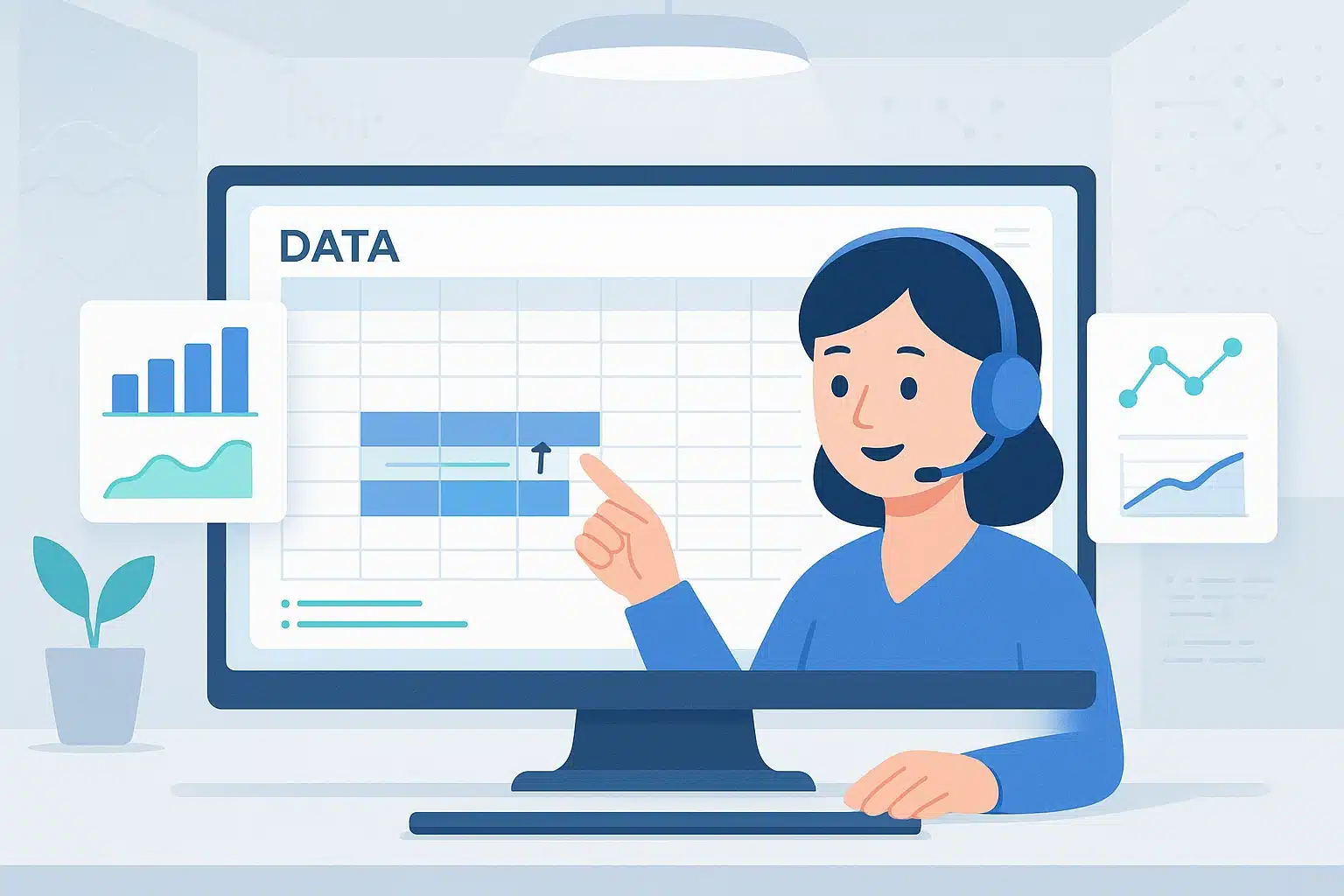 Assistant virtuel Bolt AI analysant des données avec des graphiques et un tableur sur un écran d'ordinateur.