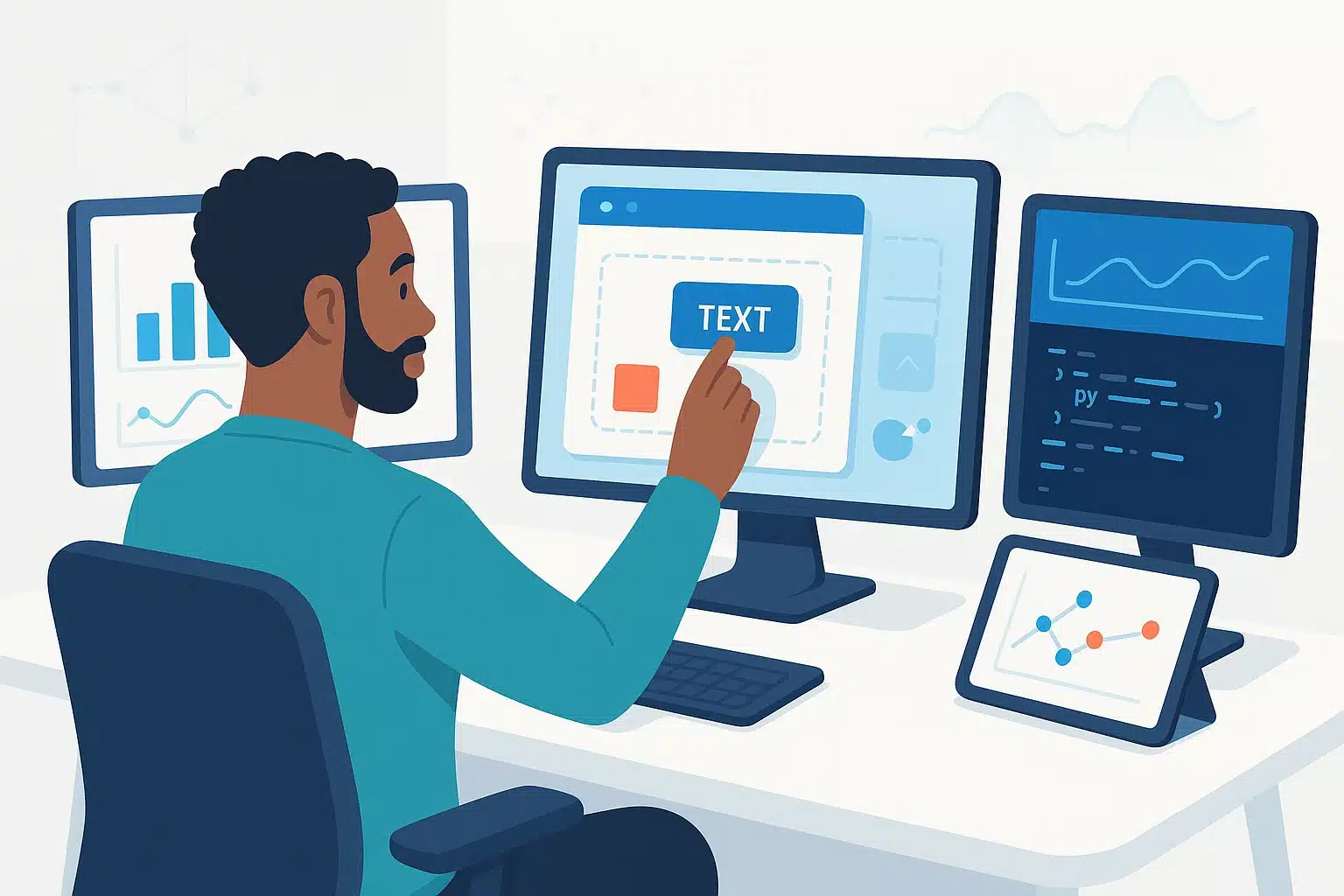Personne interagissant avec l'interface de Bubble.io sur plusieurs écrans, illustrant la conception et le développement d'applications.