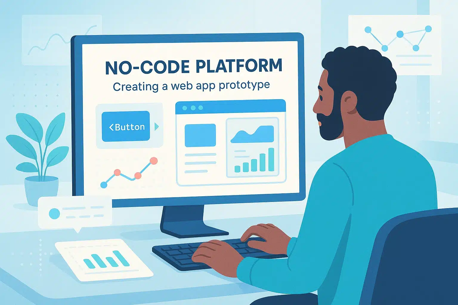 Personne utilisant Bubble.io pour créer des applications sans code, affichant des graphiques et des éléments d'interface sur un écran d'ordinateur.