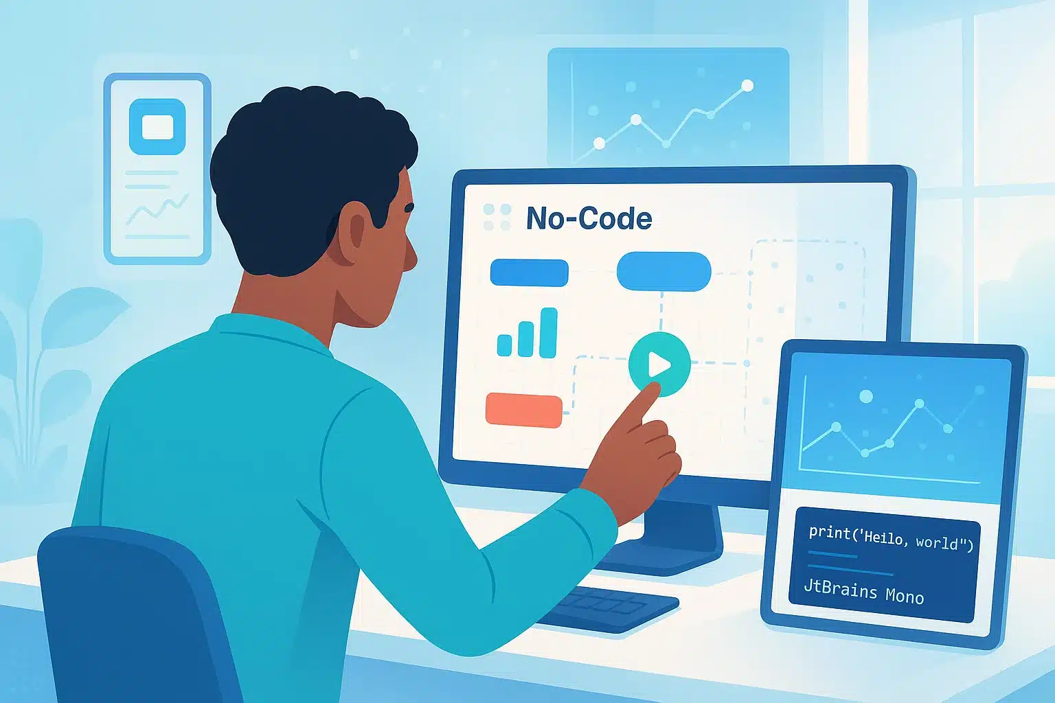 Personne utilisant Bubble.io pour créer un prototype d'application web sur un écran d'ordinateur.