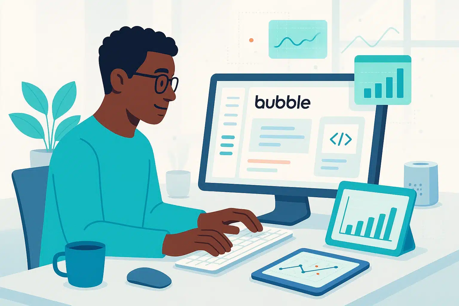 Personne utilisant Bubble.io sur un ordinateur pour développer des applications, avec des graphiques de données affichés sur plusieurs écrans.