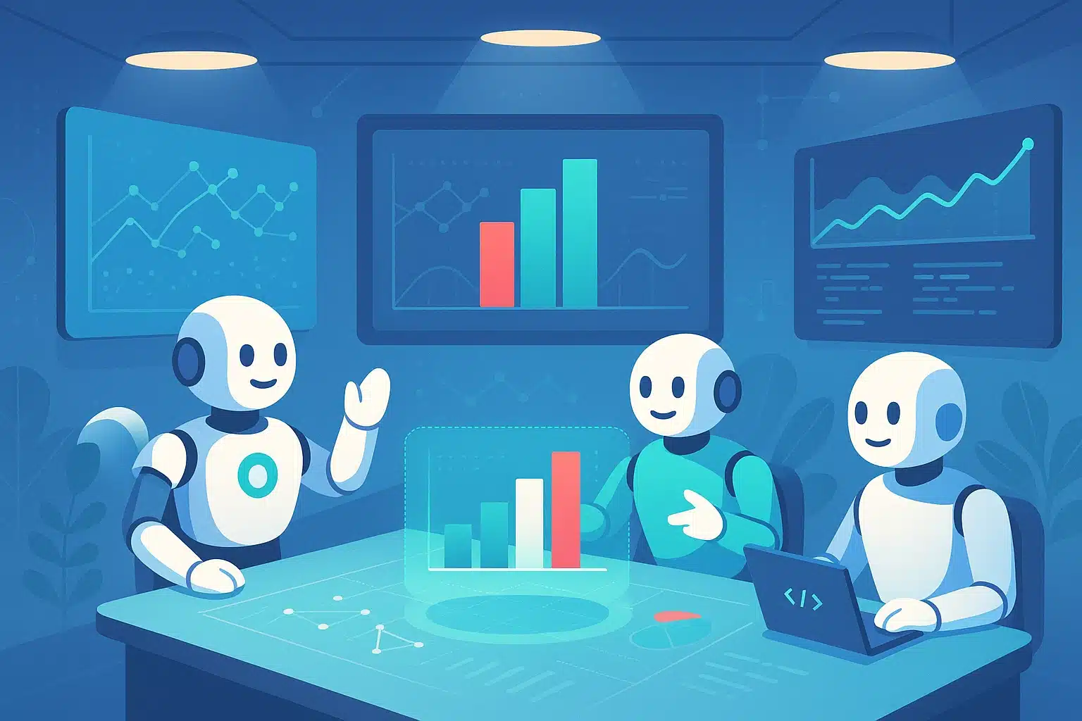 Trois IA en réunion analysant des graphiques de données sur des écrans dans un environnement high-tech.