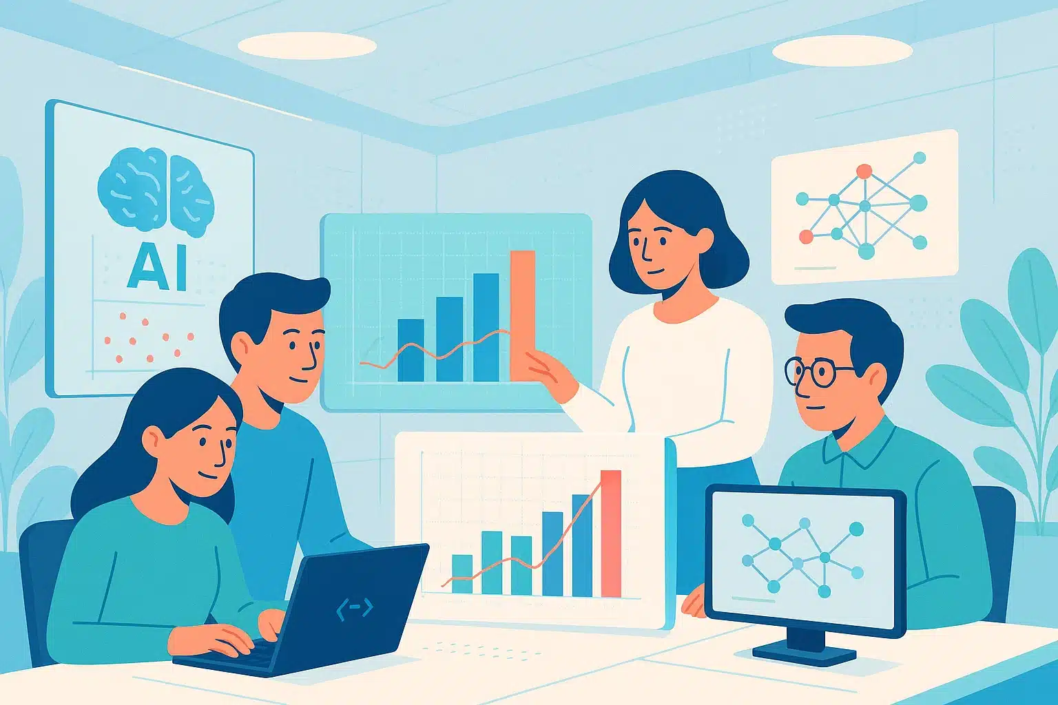 Illustration d'une équipe de travail collaborant sur une interface technologique, discutant autour d'un ordinateur portable et de graphiques, mettant en avant le concept de l'intelligence artificielle dans l'environnement professionnel.