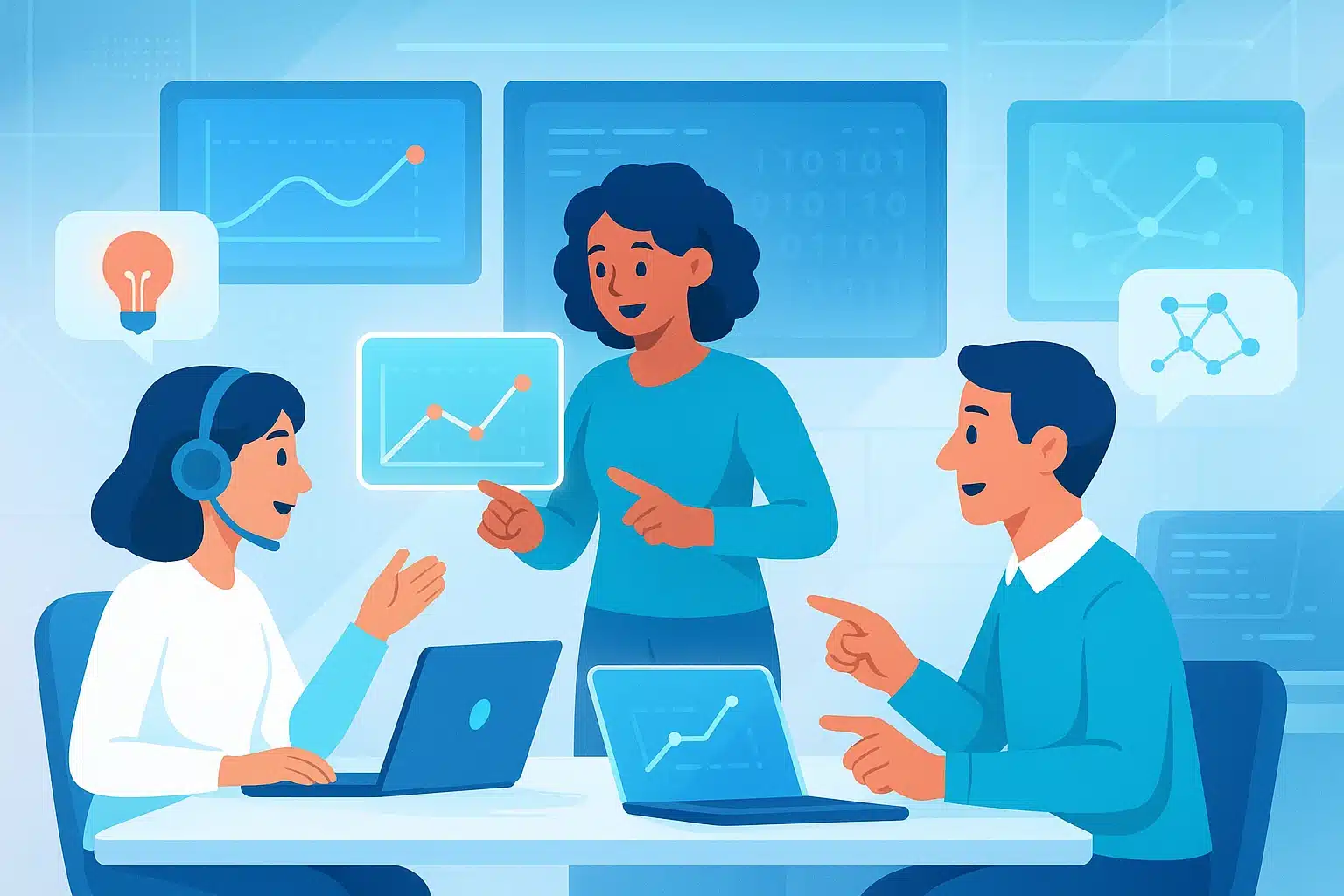 Équipe discutant de l'utilisation de l'intelligence artificielle dans un projet, avec des graphiques et des données sur les écrans d'ordinateur.